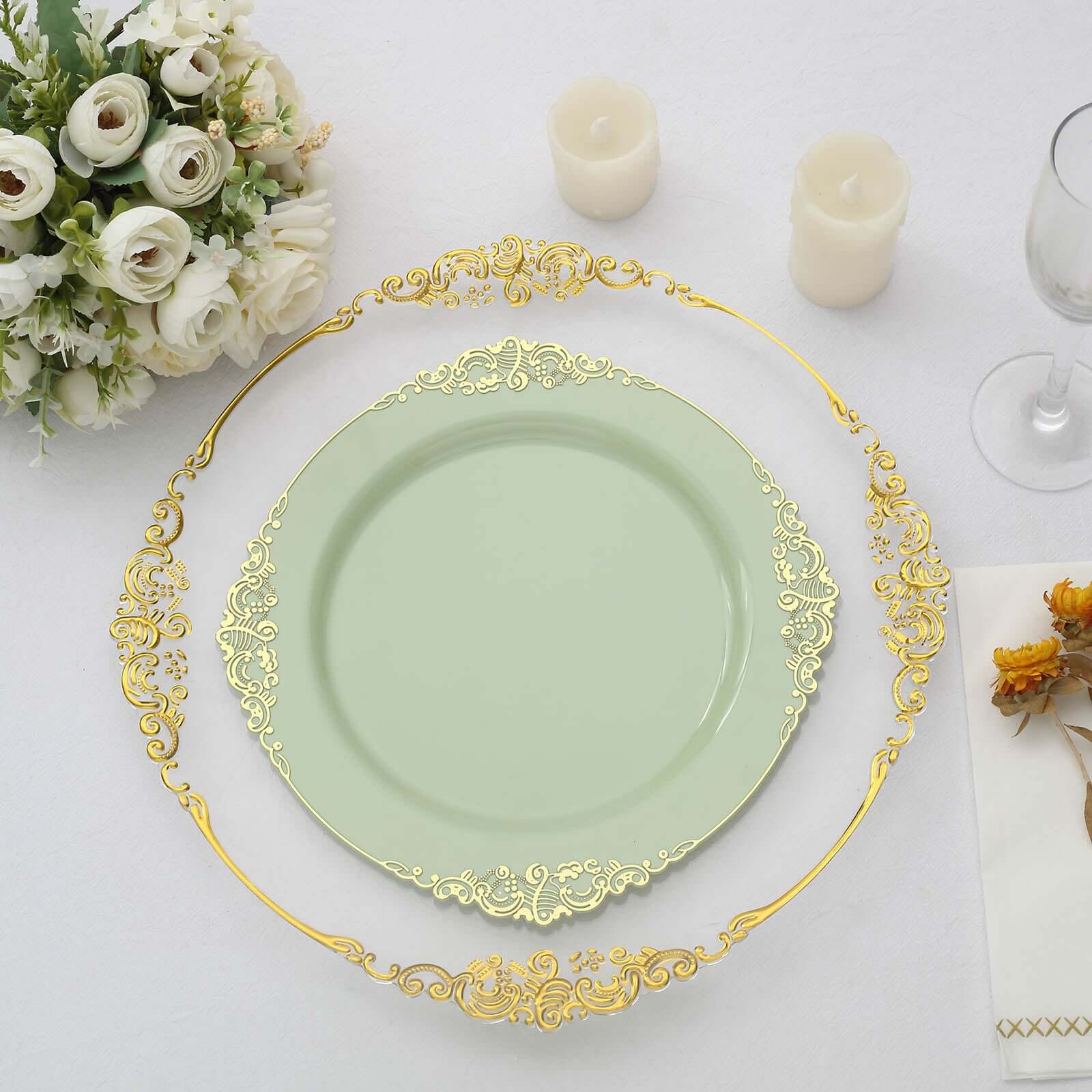 10-Pack Plastic 10 Round Dinner Plates in Sage Green with Gold Leaf Embossed Rim - Disposable Vintage Baroque Style Plates