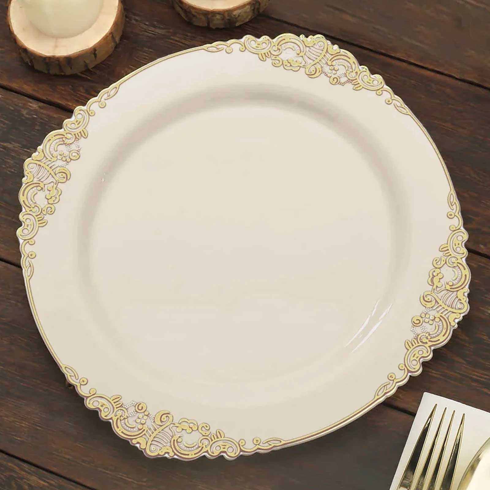 10-Pack Plastic 10 Round Dinner Plates in Ivory with Gold Leaf Embossed Rim - Disposable Vintage Baroque Style Plates