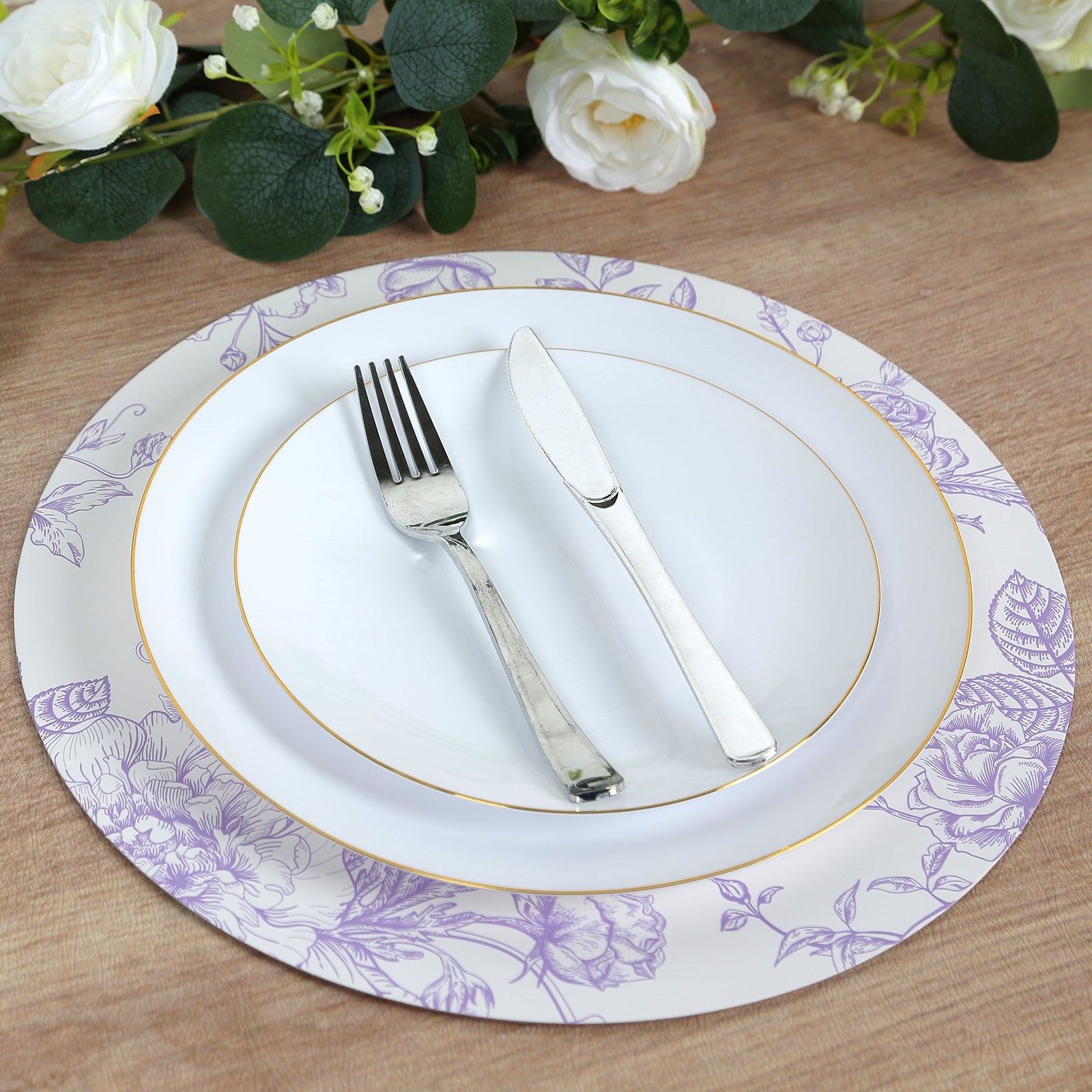 10-Pack Disposable Table Placemats in French Toile Print 13 in White/Matte Lavender - Chic Floral Cardboard Placemats for Stylish Table Setting