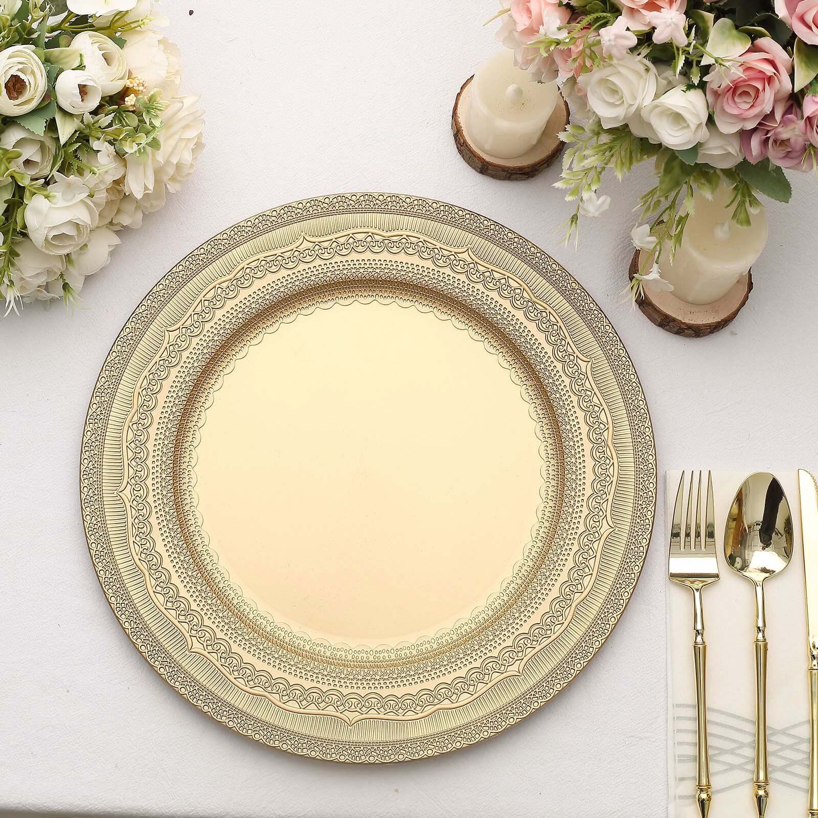 6-Pack Acrylic Round Charger Plates 13 in Gold with Lace Embossed Rim, Rustic Plastic Decorative Charger Tableware