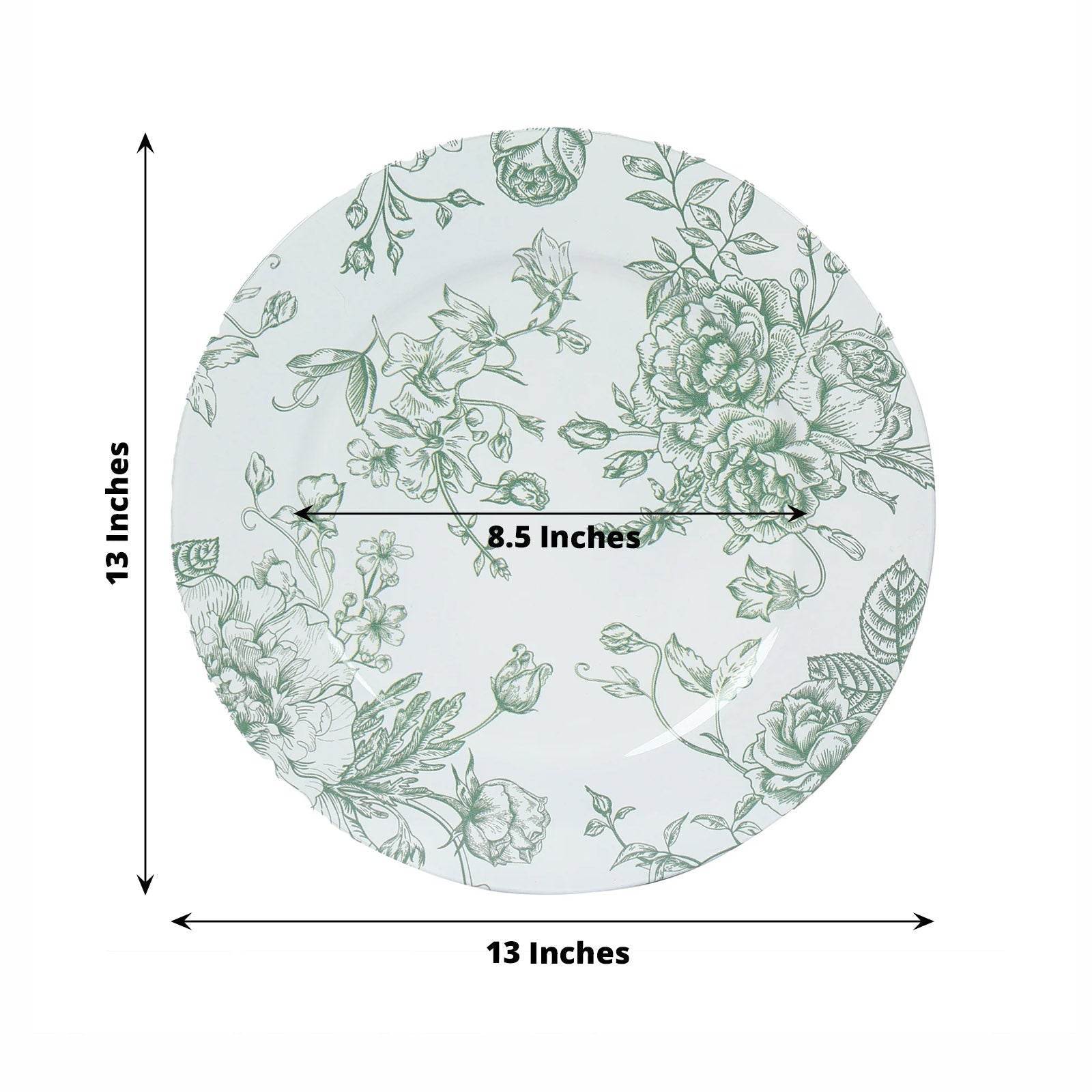 6 Pack Round Floral Acrylic Charger Plates in French Toile Pattern, 13 White Sage Green Dinner Charger Event Tabletop Decor