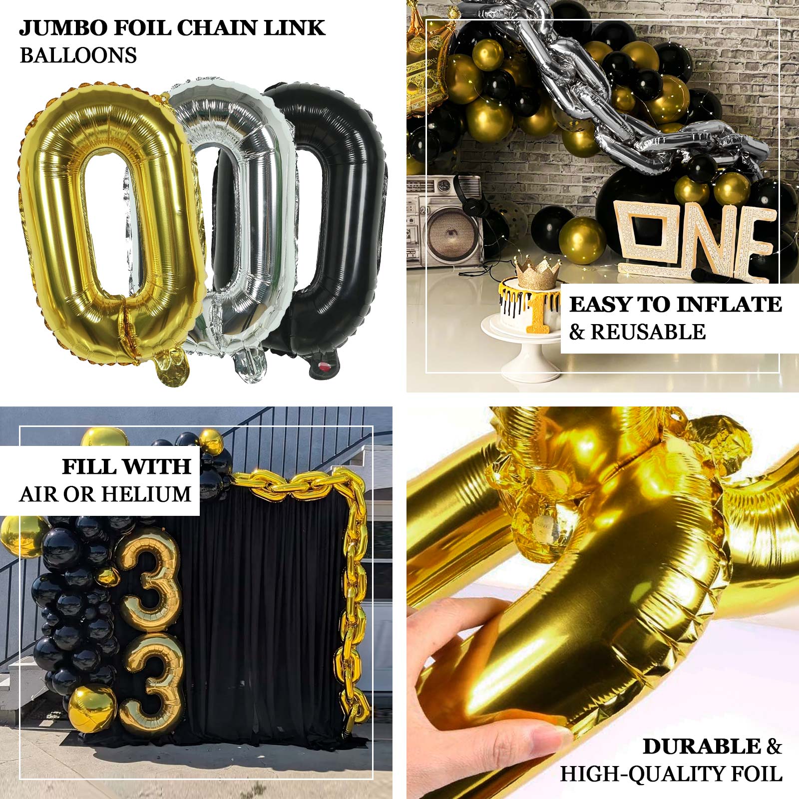 16ft Jumbo Chain Link Balloons in Gold, 30pack 8x12 Durable Foil Chain Balloons for 90s Hip Hop Party Decorations, Event Decor