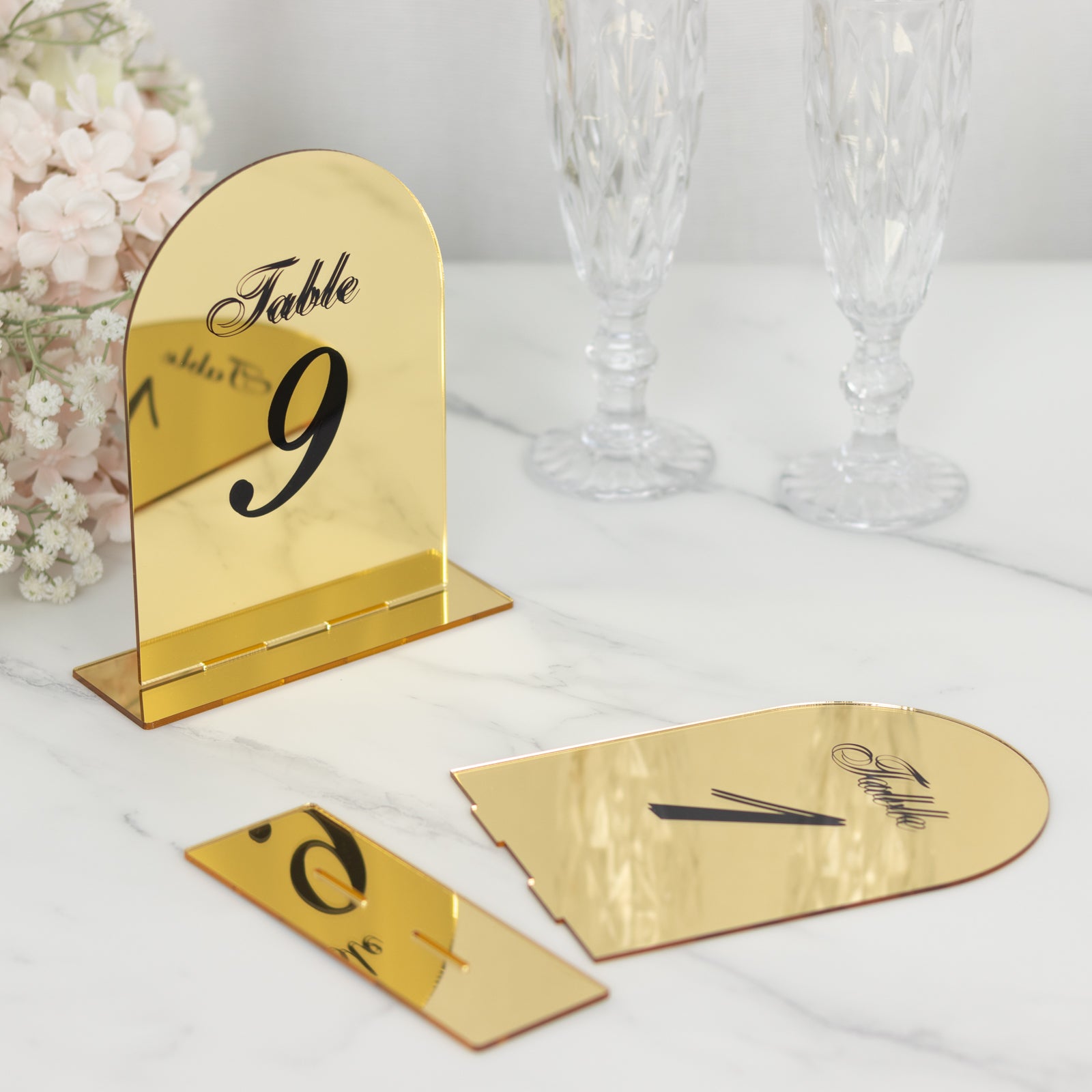 Gold Mirror Arch Acrylic Table Numbers (1-10) - 6x7 Wedding Reception Signs with Black Print & Stands