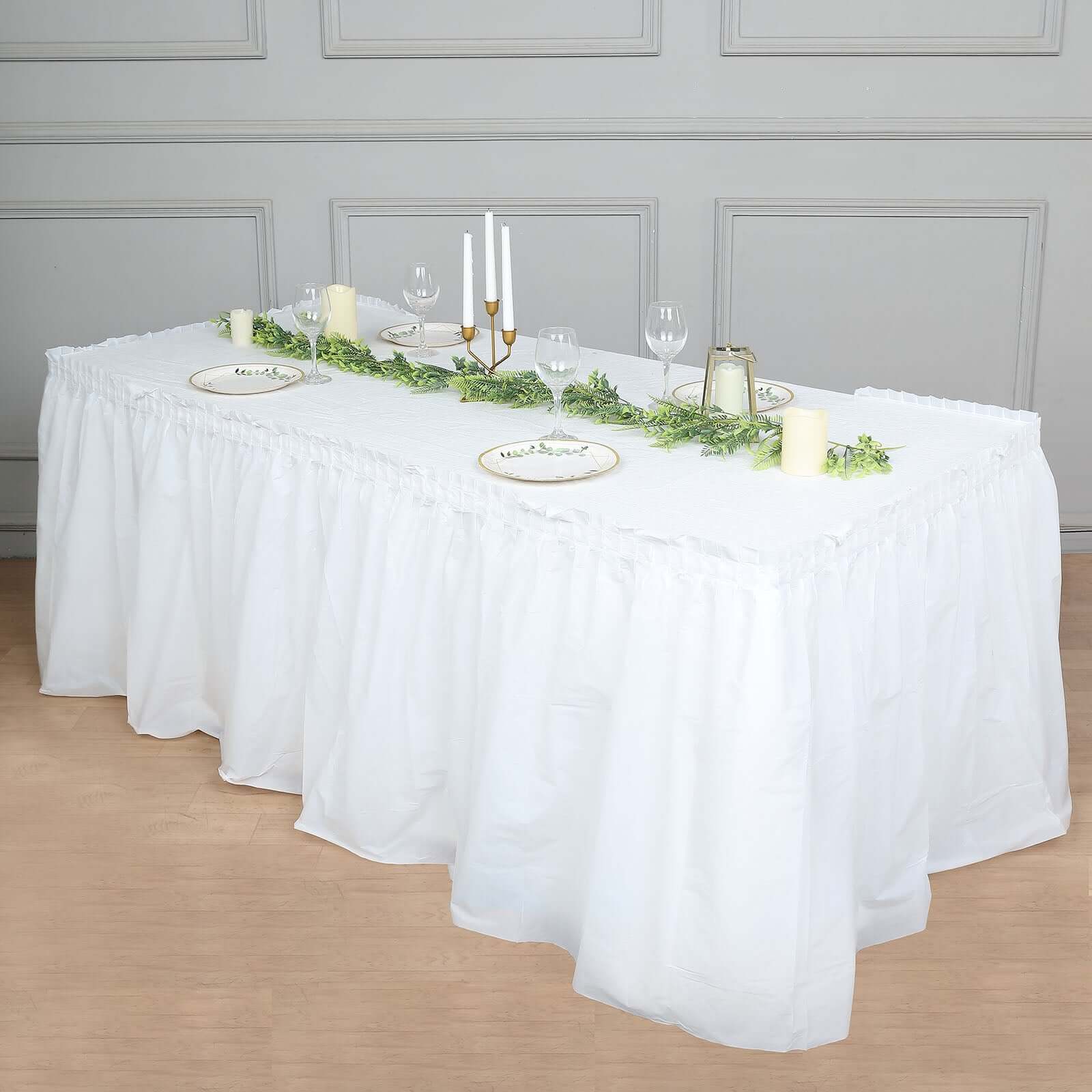 Plastic Table Skirt White Ruffled - Durable Disposable Skirt for Events 14ft