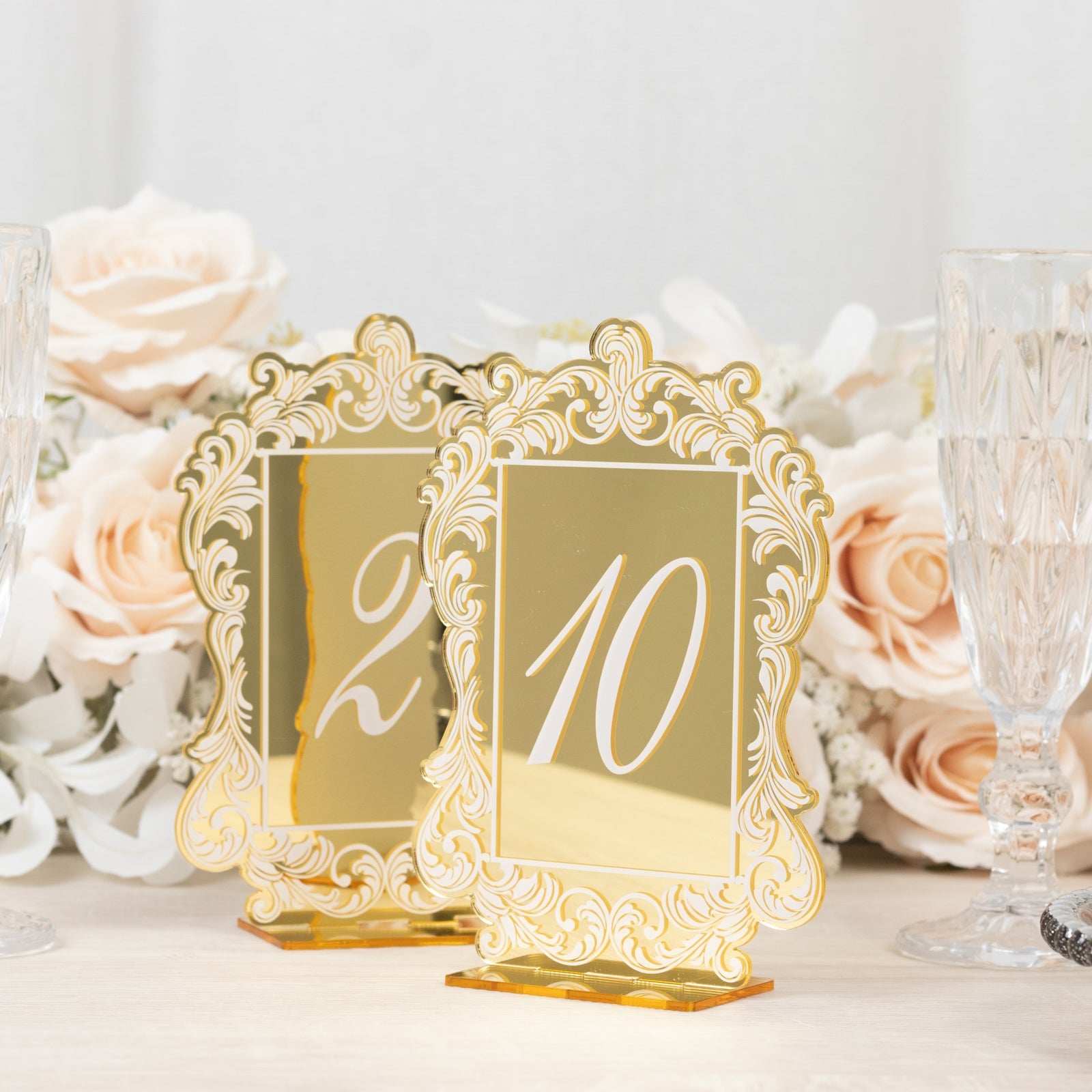 Gold Mirror Arch Acrylic Table Numbers (1-10) - 5x7 Wedding Reception Signs with Baroque Lace Border, White Print & Stands