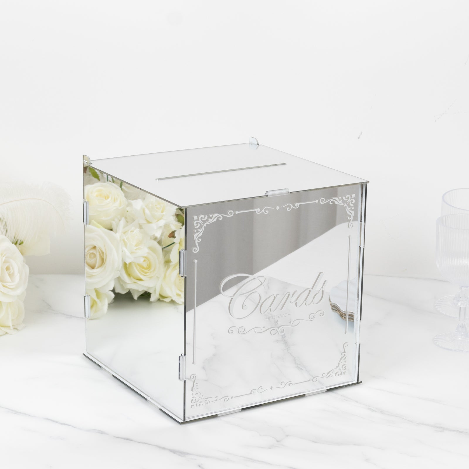 10 Silver Mirror Acrylic Wedding Card Box with Slot - Wishing Well Money Box for Reception, Graduation, and Events