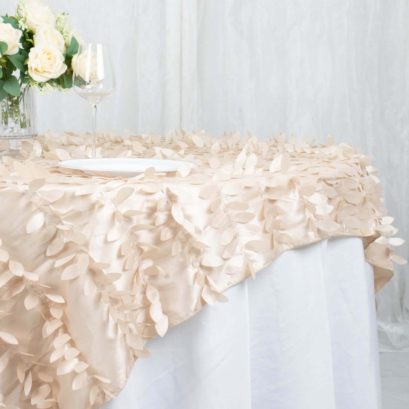 Taffeta 72x72 Table Overlay Square Tablecloth Beige - 3D Leaf Petal Table Cover