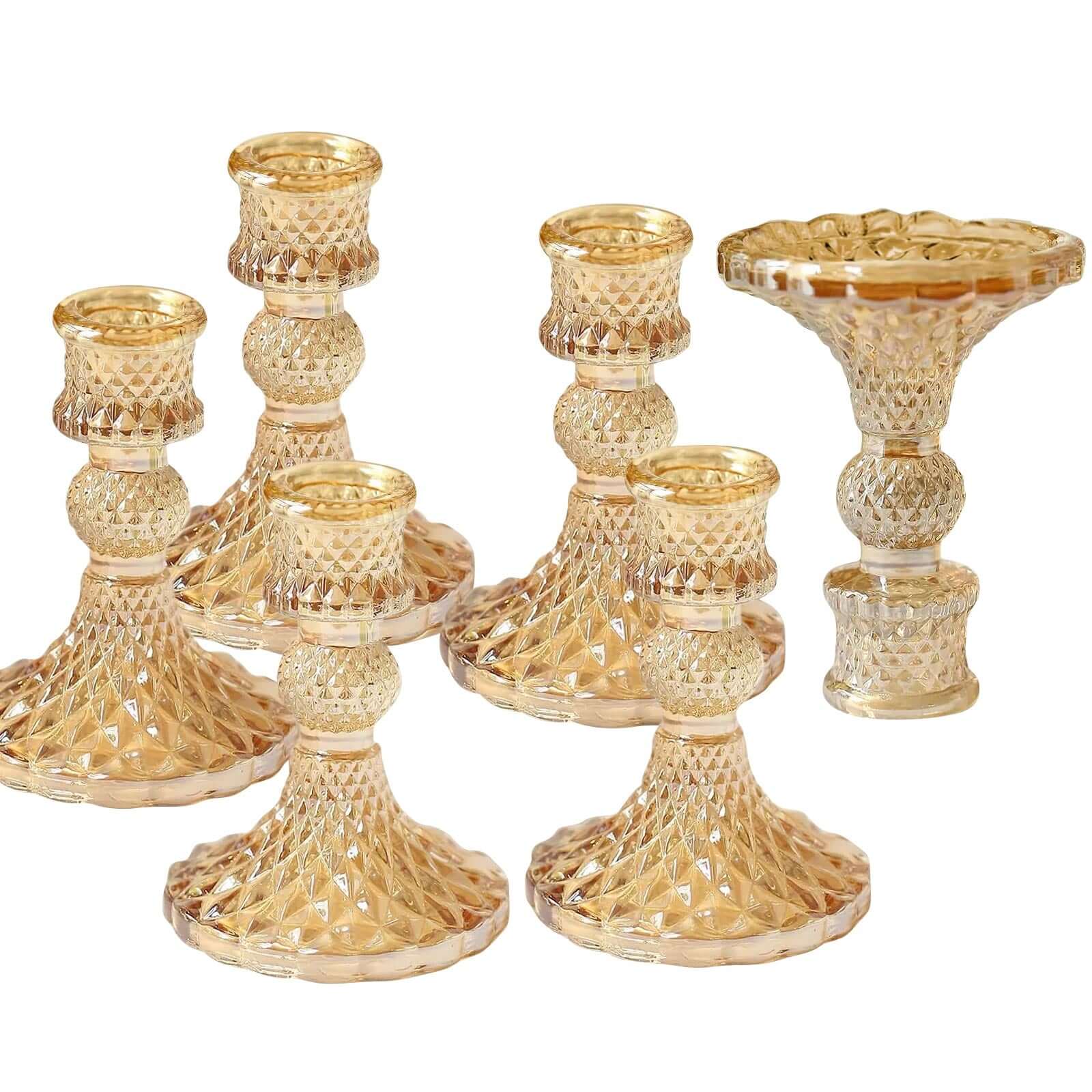 6-Pack Glass Taper Candlestick Holders Diamond Pattern Design Amber Gold - Reversible Crystal Pillar Votive Stands 4