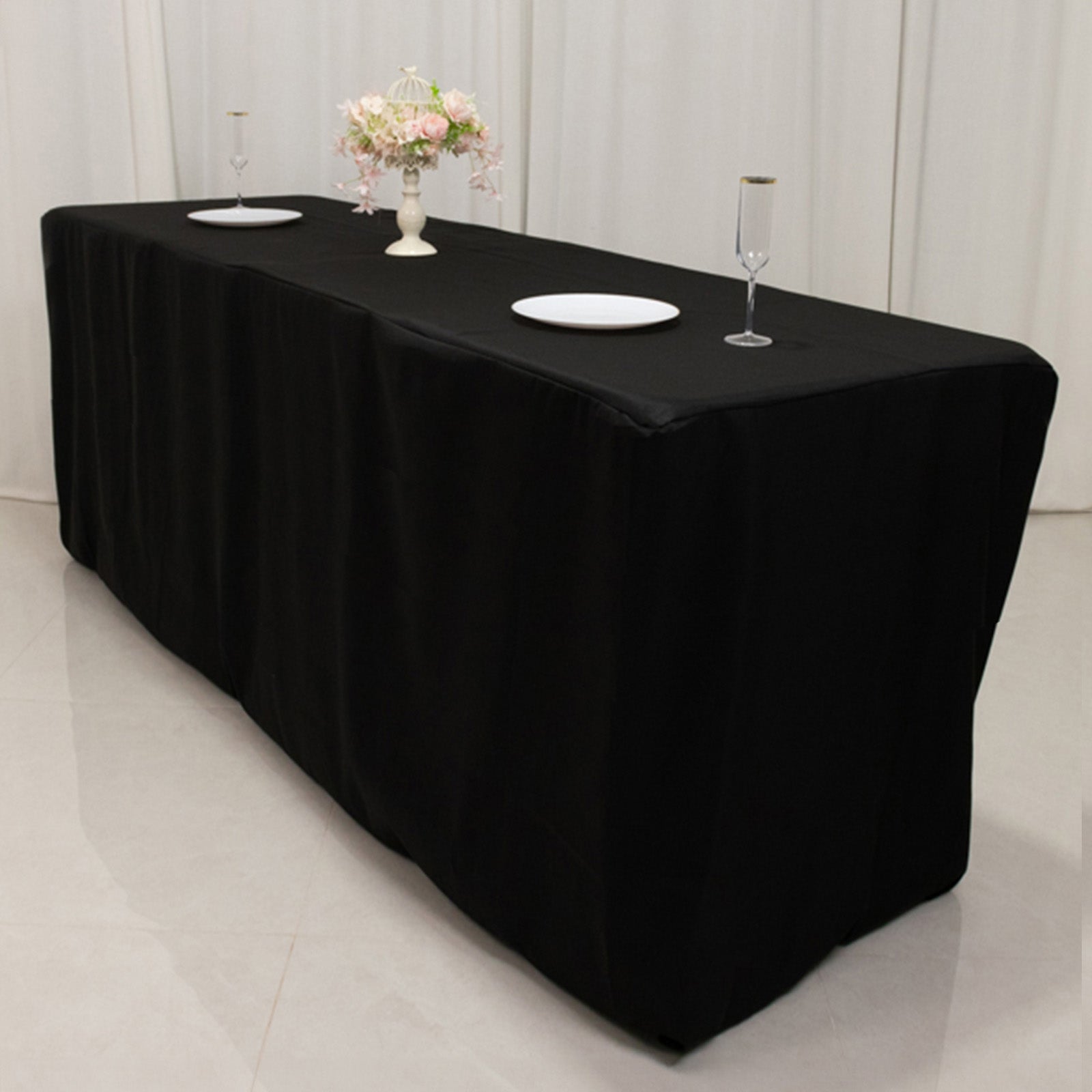 Fitted Polyester 96x24x42 Rectangle Tablecloth Black - Durable Fit for Elevated Tables