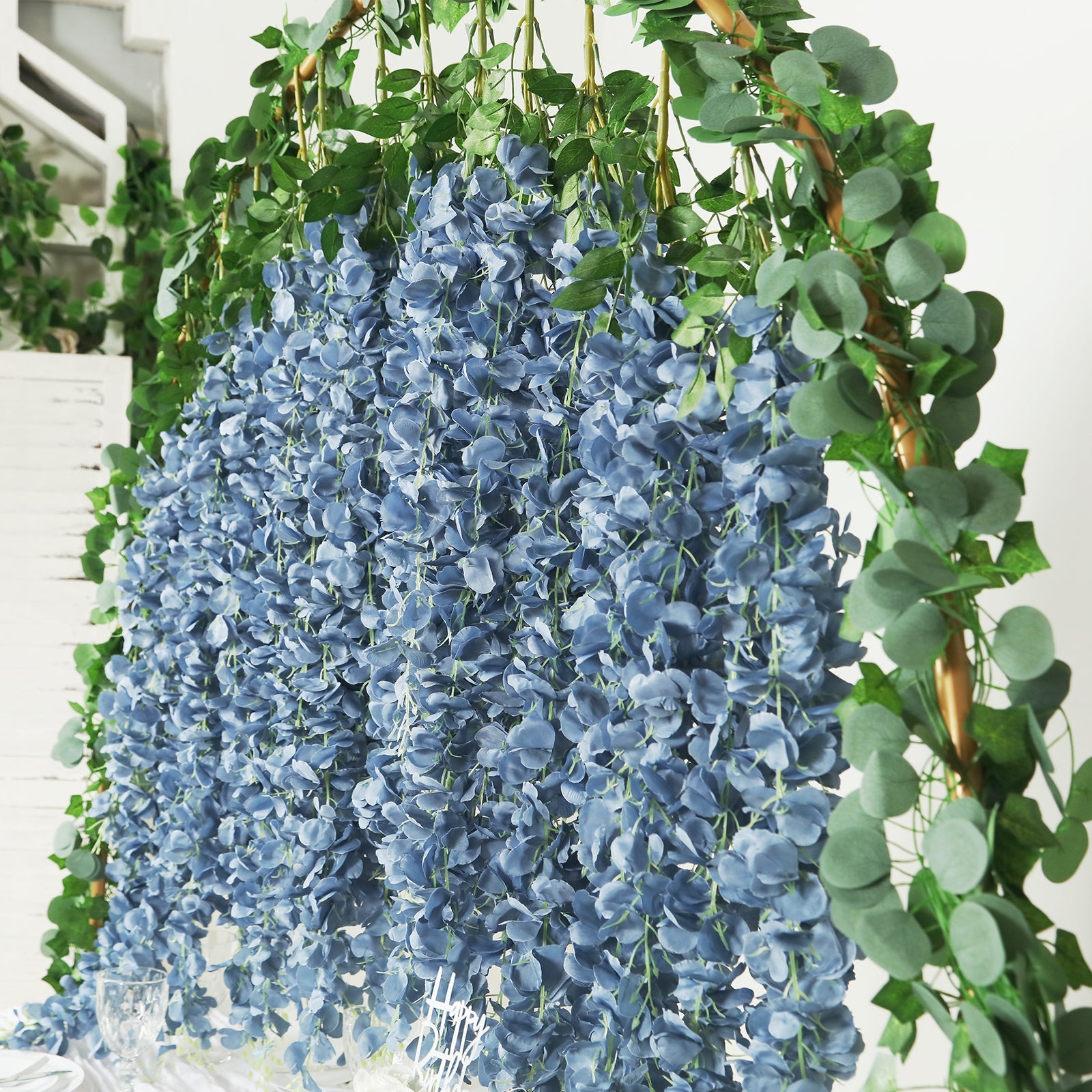 42 Silk Hanging Wisteria Flower Garland Vines in Dusty Blue, Elaborated 5 Full Strands in 1 Bush