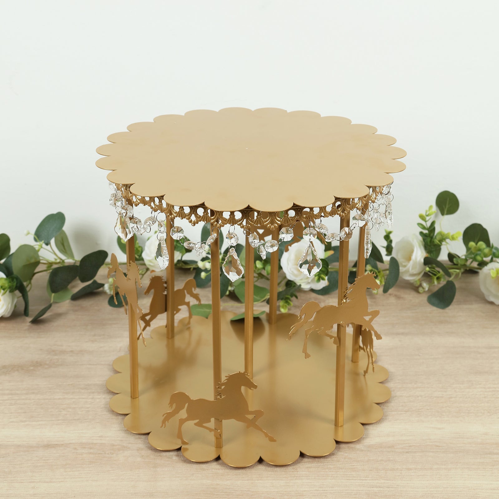 Metal Round Pedestal Cake Stand Gold Carousel Design with Hanging Acrylic Beads - Luxurious Dessert Display Centerpiece Holder for Cupcakes & Pastries 14