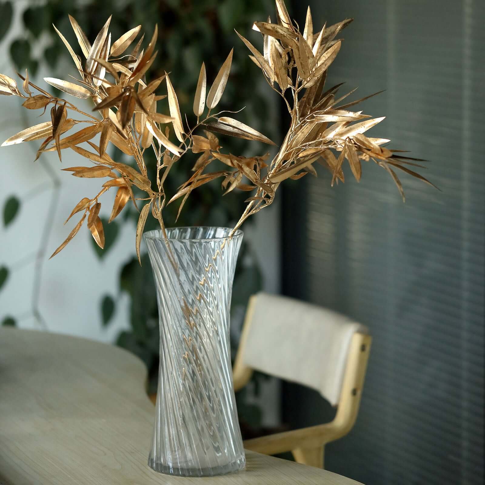 2-Pack Artificial Metallic Bamboo Leaf Branches Gold - Shiny Faux Plant Stems Vase Filler Floral Arrangement Centerpiece Decor 33