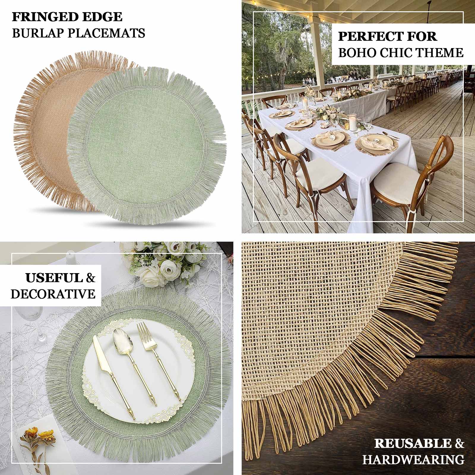 4-Pack Placemats Fringe Edge Design Sage Green Jute Round - Rustic Boho Chic Burlap Table Decor 16