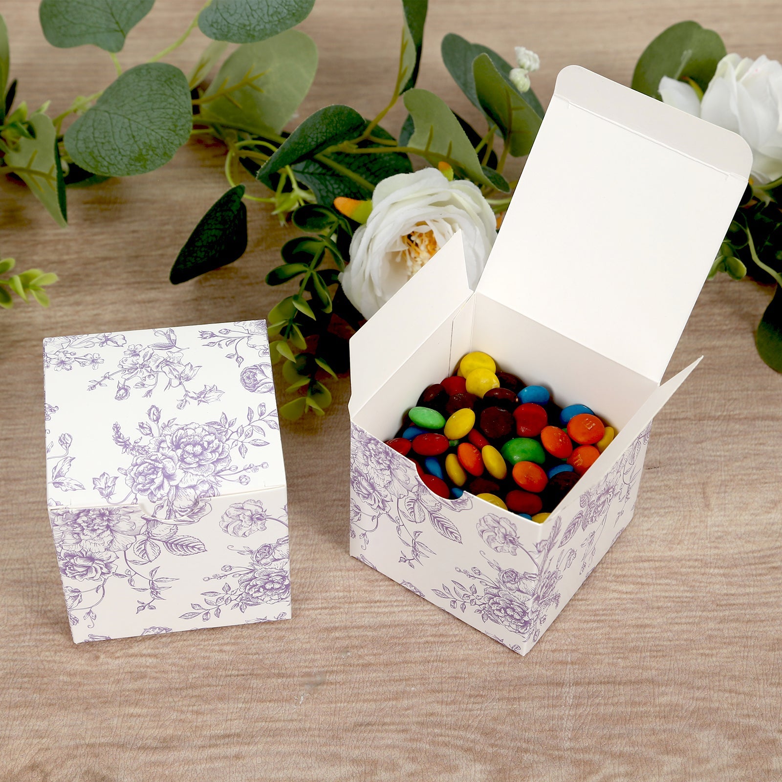 25 Pack Candy Treat Favor Boxes in French Toile Pattern - Matte Lavender and White Party Gift Boxes, Cardstock Paper - 3x3