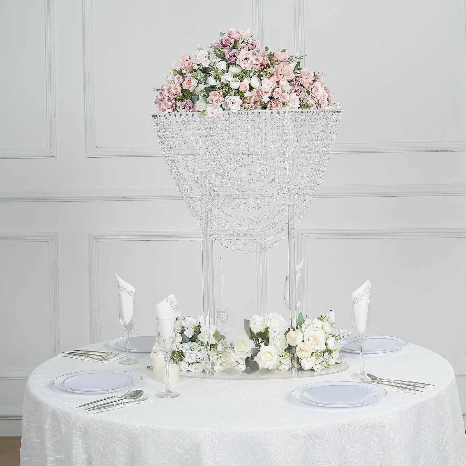 Acrylic Wedding Bouquet Pillar Centerpiece Crystal Chandelier Design - Large Flower Arrangement Table Stand 32