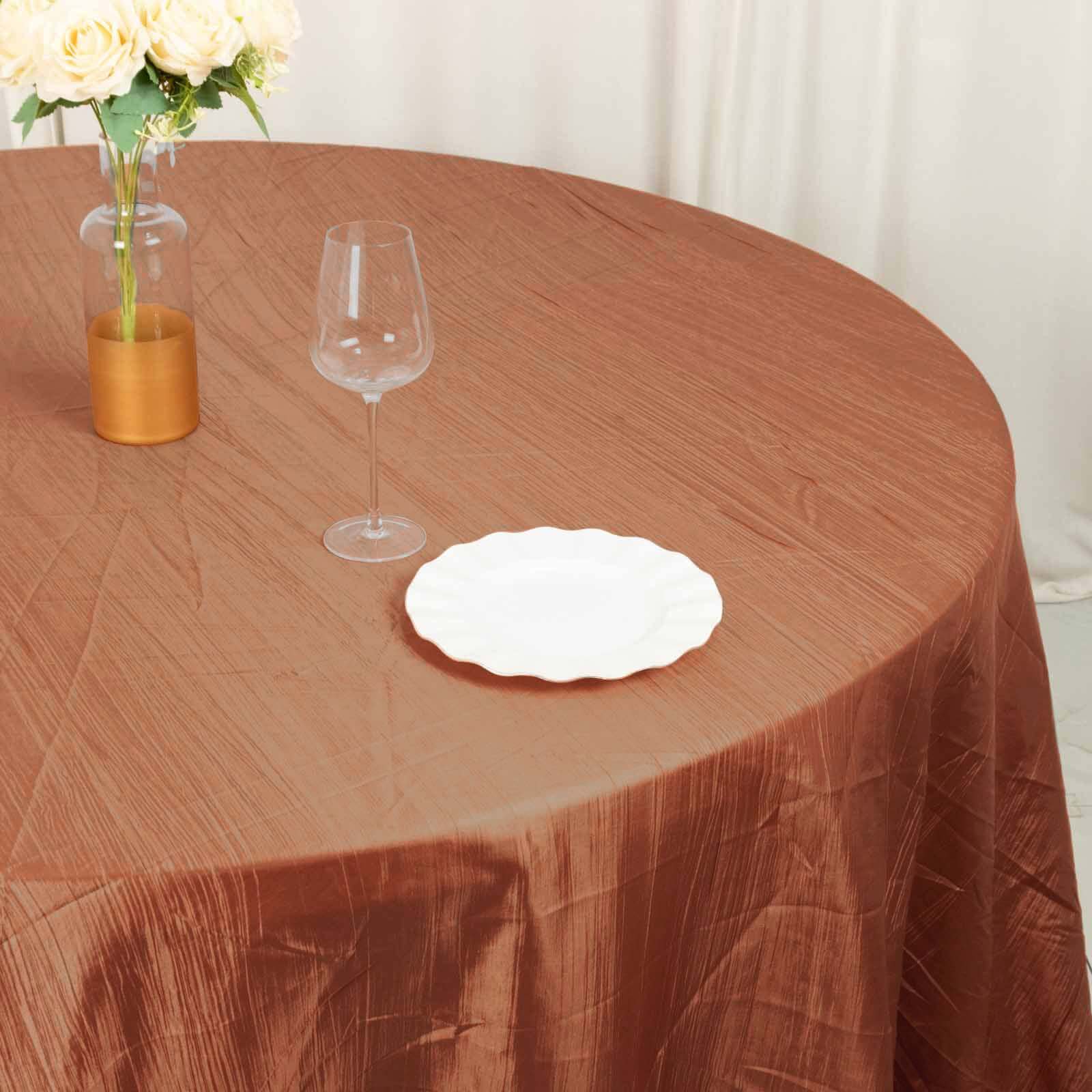Taffeta 132 Round Tablecloth Terracotta (Rust) - Seamless Accordion Crinkle Table Cover