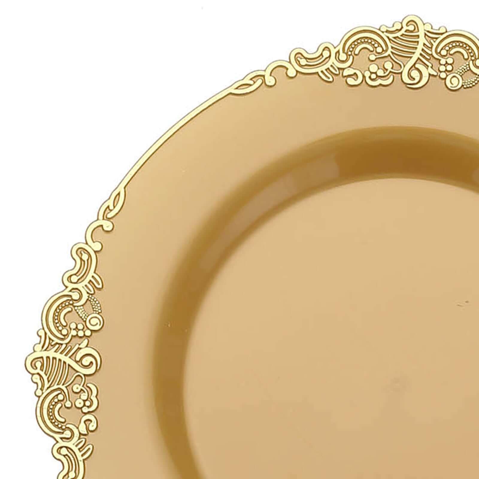 10-Pack Plastic 8 Round Dessert Plates in Gold with Leaf Embossed Rim - Disposable Vintage Baroque Style Salad Plates for Luxurious Gatherings & Events