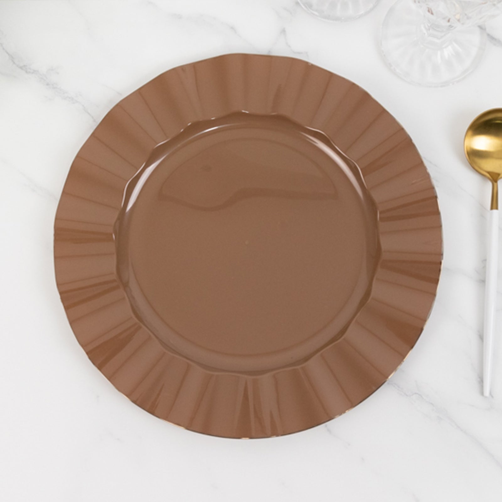 10-Pack Plastic 11 Round Dinner Plates in Coffee Brown Ruffled Rim with Gold Edging - Sturdy Disposable Dinnerware