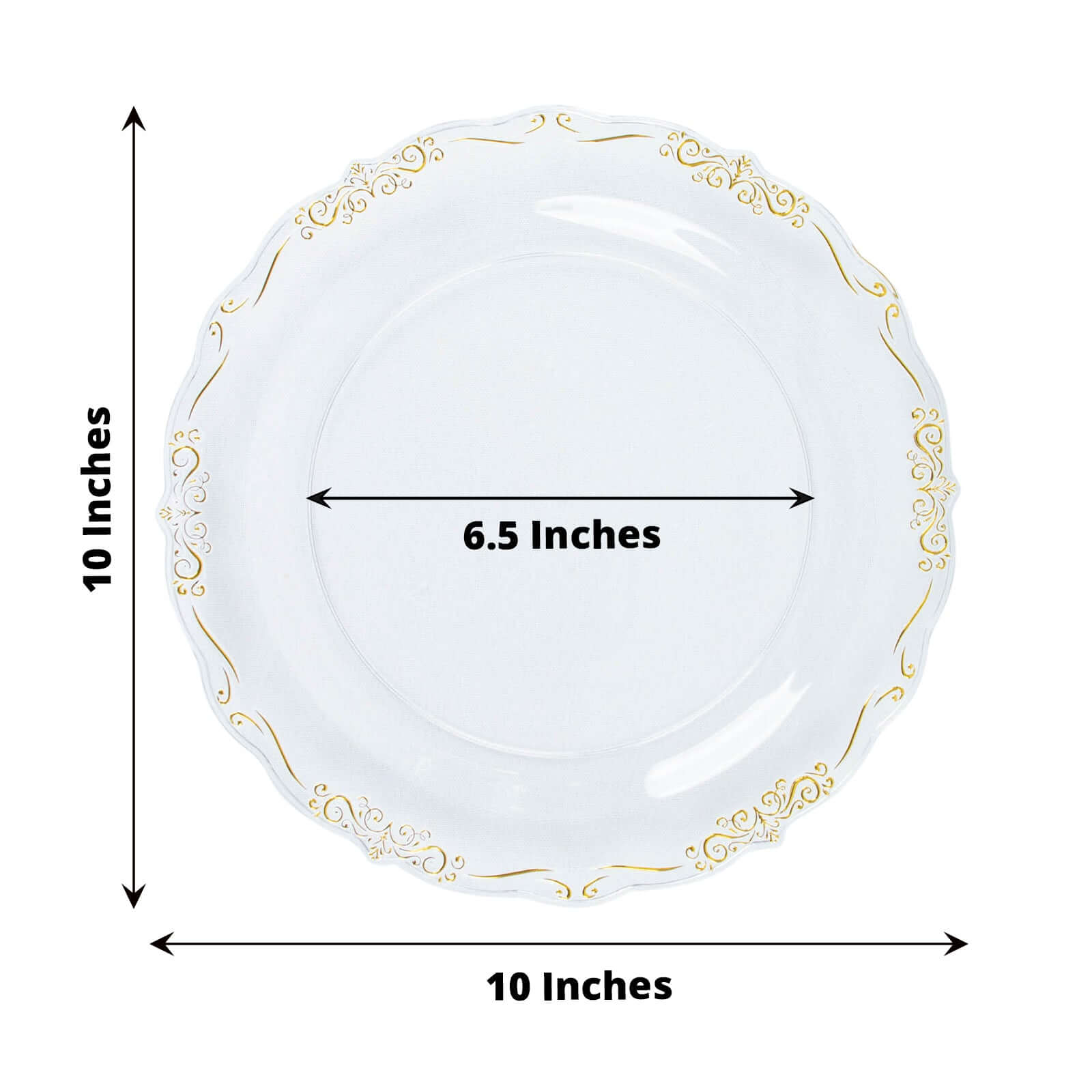 10-Pack Plastic 10 Round Dinner Plates in Clear with Gold Vintage Embossed Rim - Sturdy Disposable Scalloped Edge Party Plates for Sophisticated Events & Celebrations