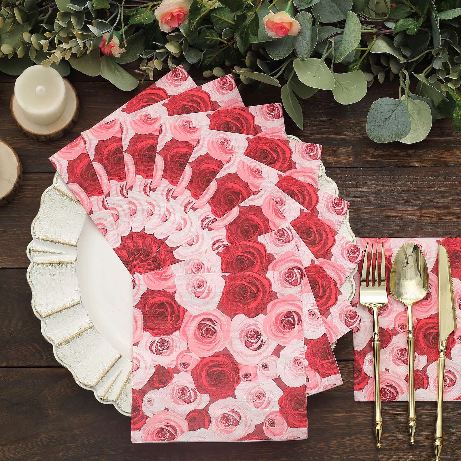 50-Pack Paper Beverage Napkins with Floral Design Red/Pink - 2 Ply Soft 18GSM Rose Garden Wedding Napkins 6.5x6.5