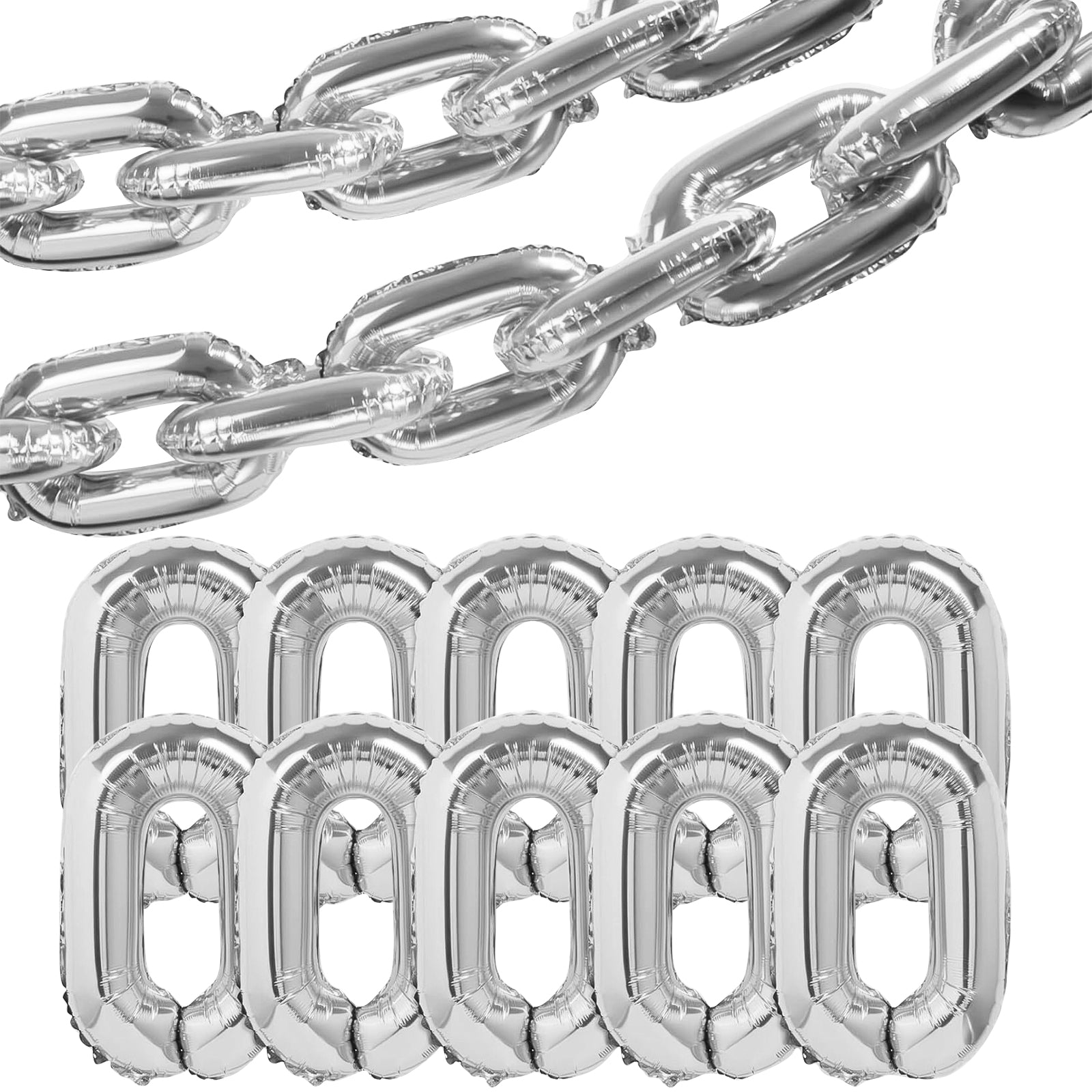 16ft Jumbo Chain Link Balloons in Silver, 30pack 8x12 Durable Foil Chain Balloons for 90s Hip Hop Party Decorations, Event Decor