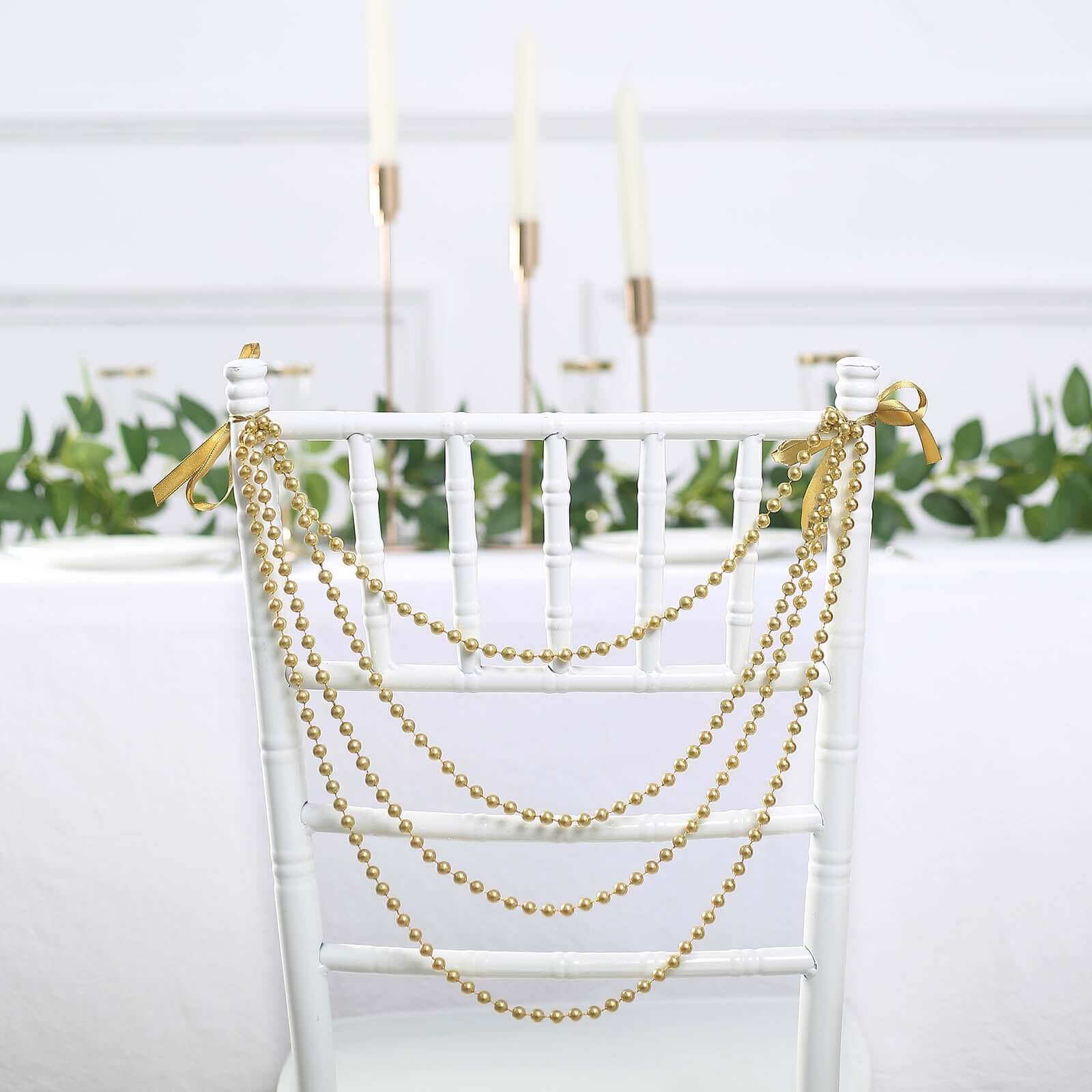 Faux Pearl Beaded 16 Chair Back Garland Sash Gold Gatsby-Inspired Style - Pre-Tied Chic Wedding Decor for Chiavari Chairs