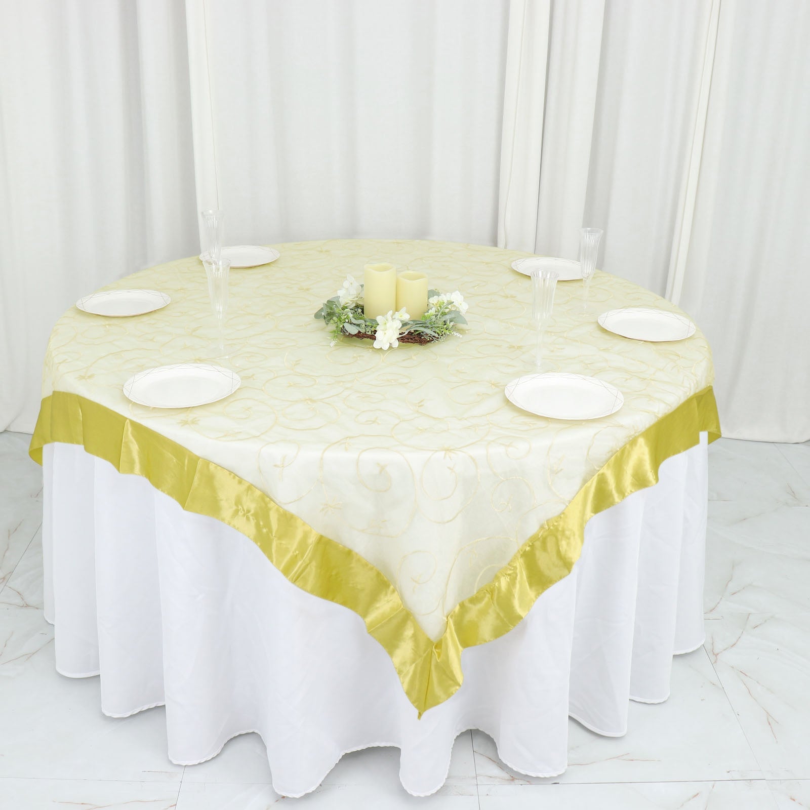 60x60 Yellow Embroidered Sheer Organza Square Table Overlay With Satin Edge