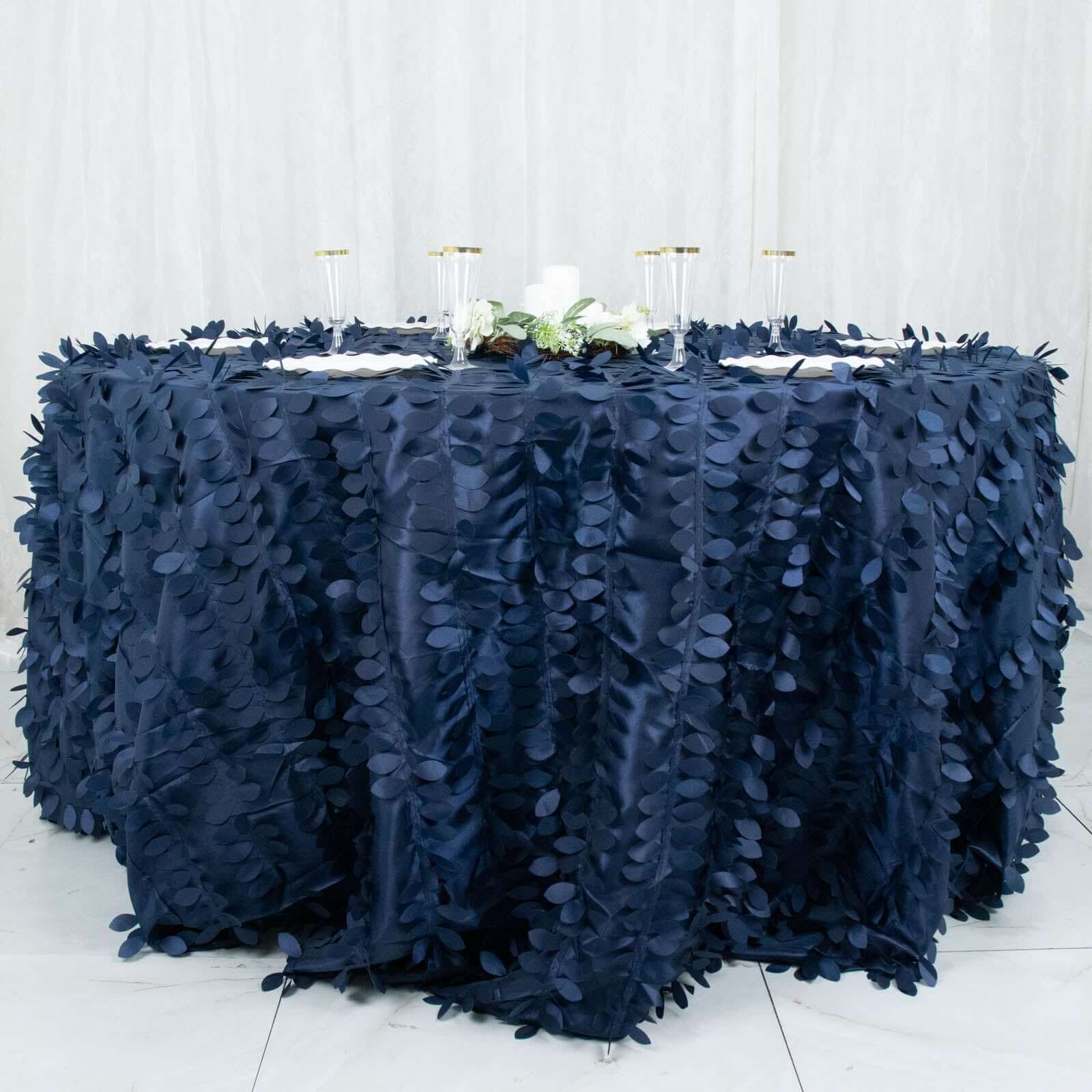 Taffeta 132 Round Tablecloth Navy Blue | 3D Leaf Petal Design Seamless Table Cover