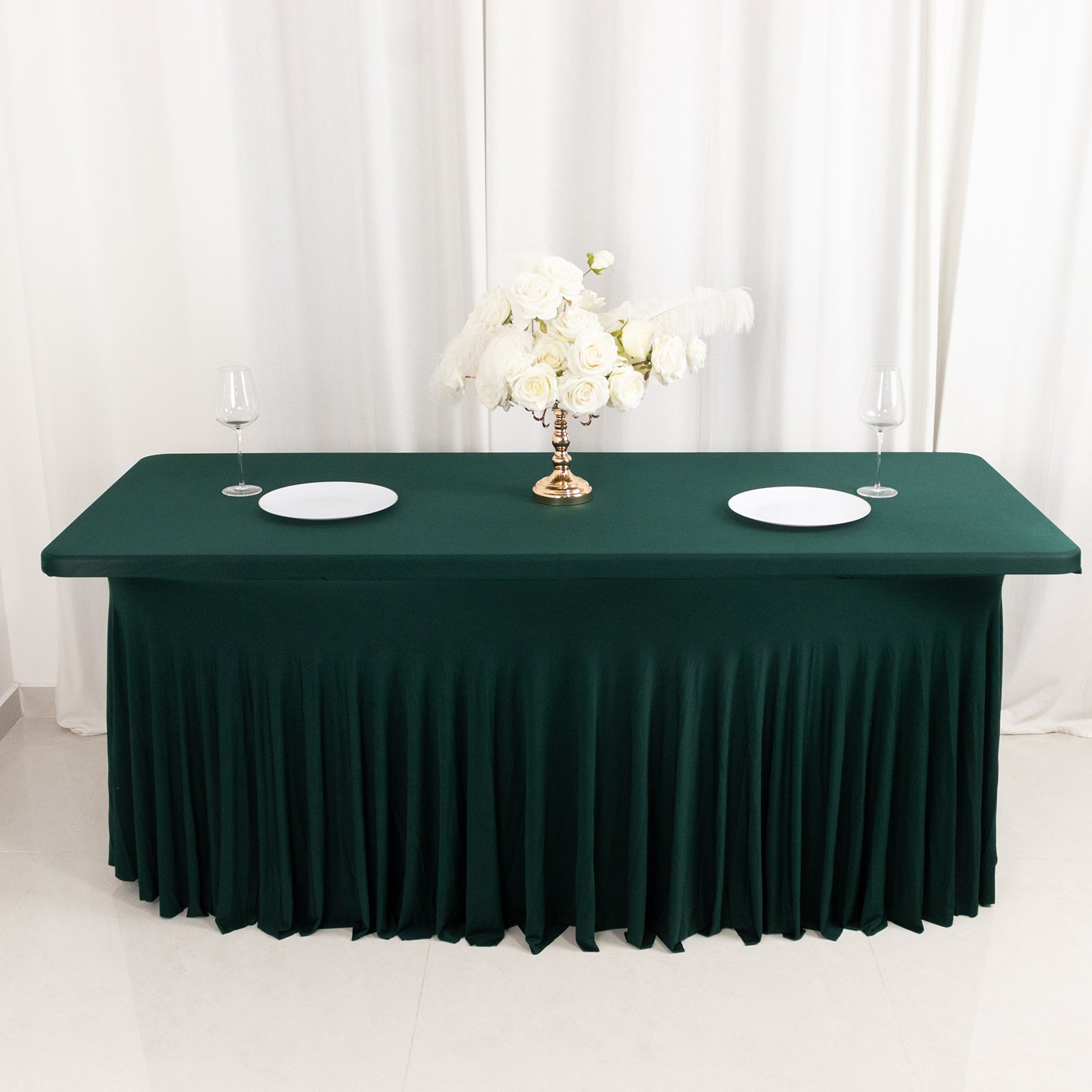 Spandex Rectangle 72x30 Table Skirt Hunter Emerald Green with Wavy Skirt-Like Effect Table Cover