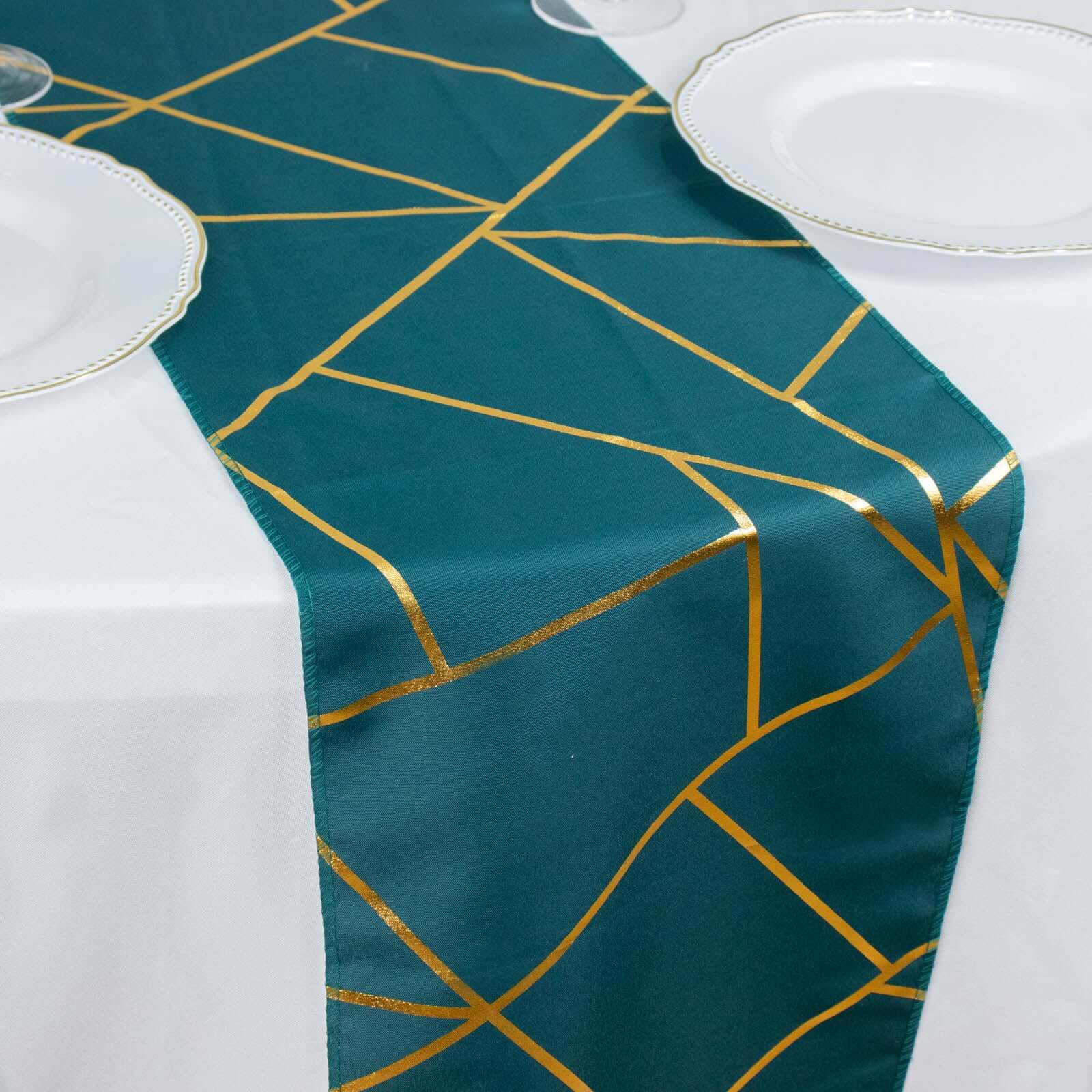 Polyester 9ft Table Runner Peacock Teal with Gold Foil Modern Geometric Accent