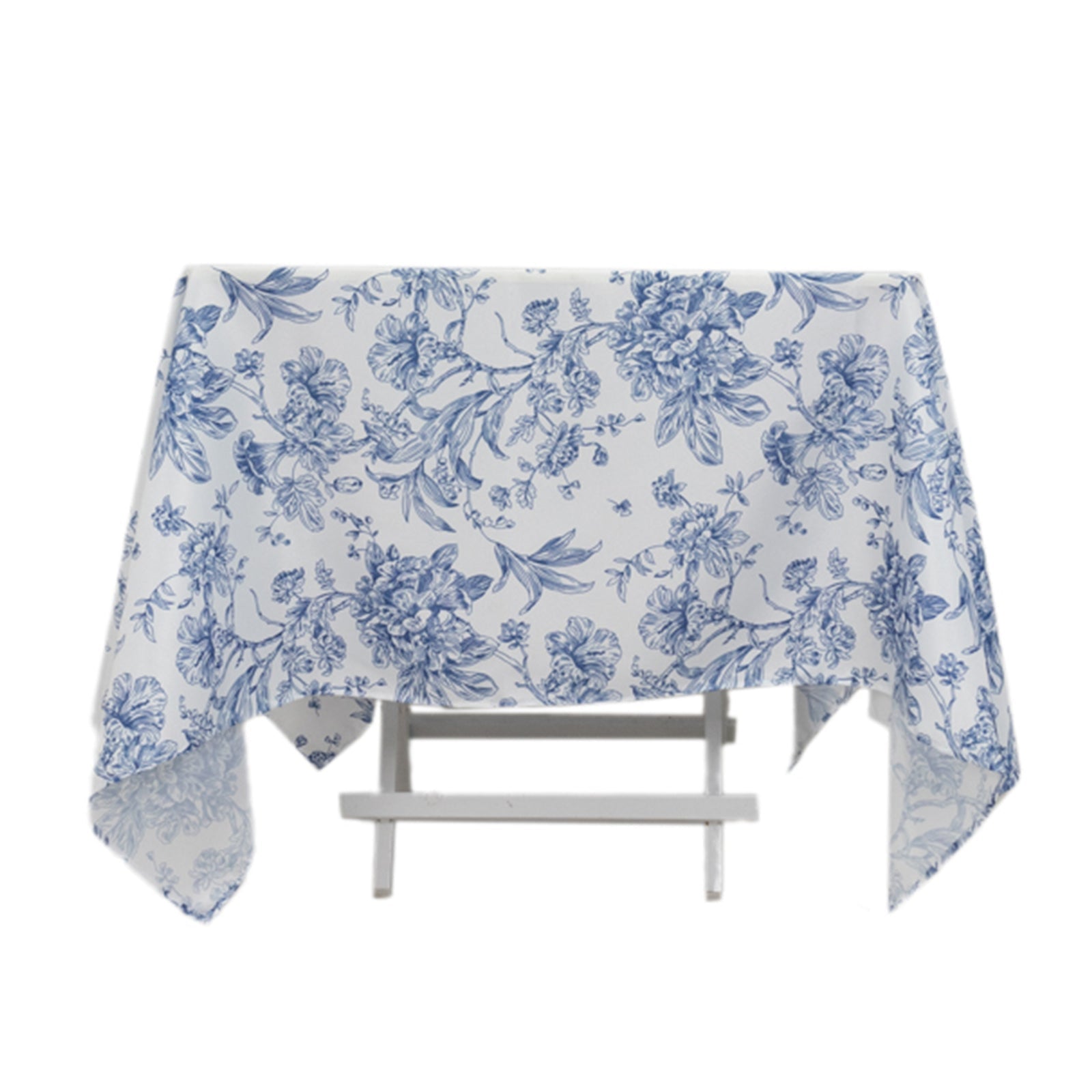 Polyester 70x70 Square Tablecloth White - Blue French Toile Pattern for Sophisticated Settings