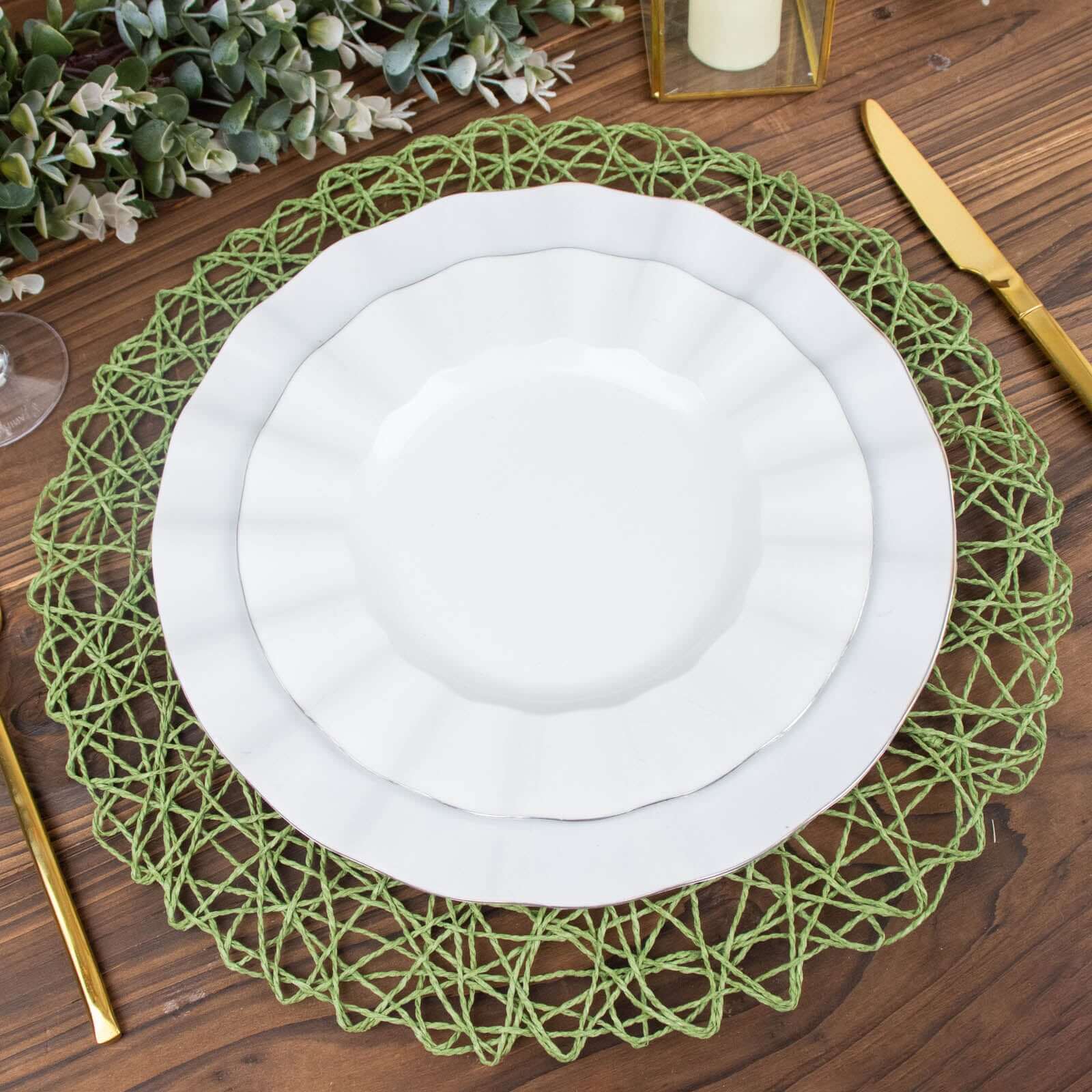 6-Pack Table Placemats Woven Fiber Design Olive Green Round - Disposable Mats for Dining and Events 15