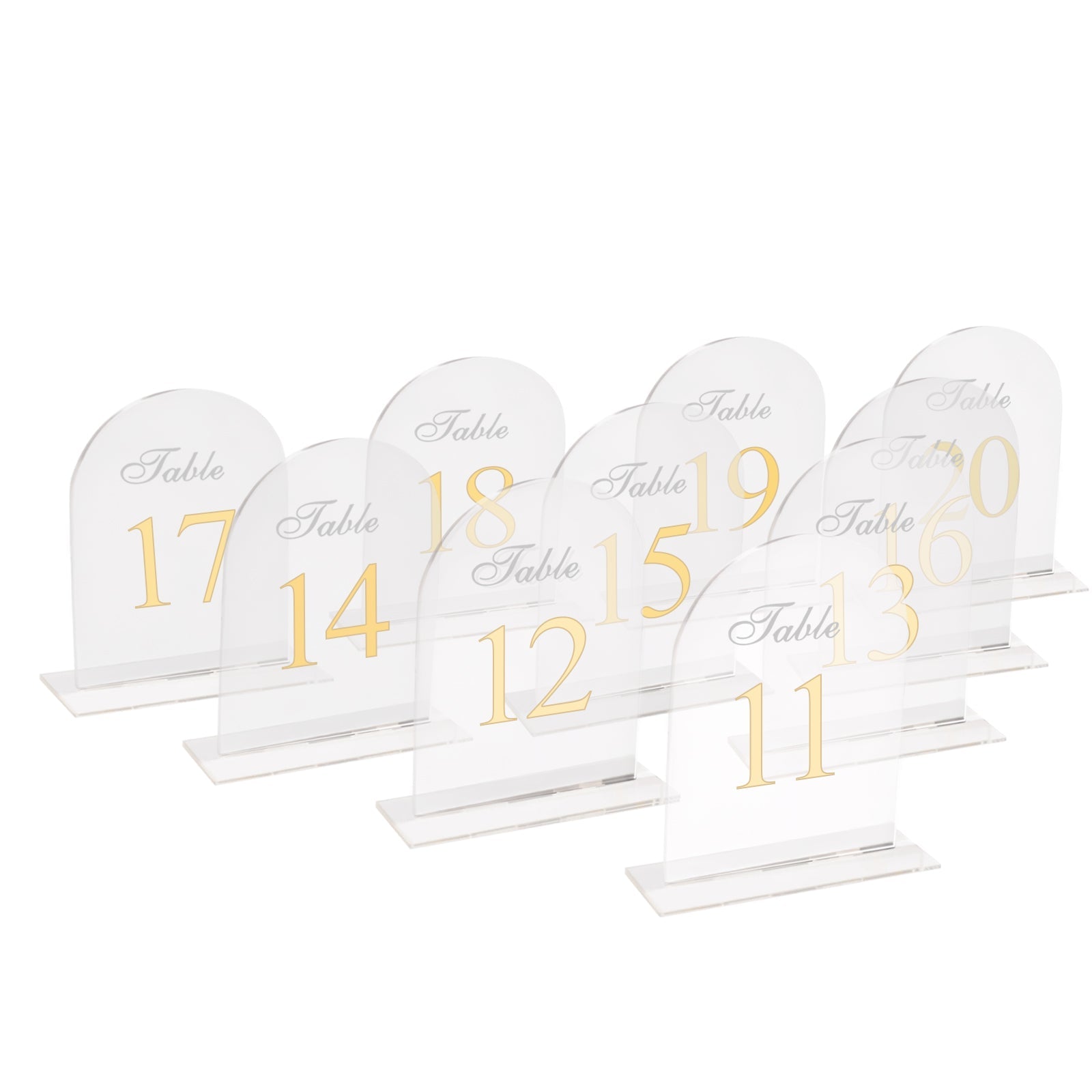 Clear Arch Acrylic Table Numbers (11-20) - 6x7 Wedding Reception Signs with Gold Print & Stands