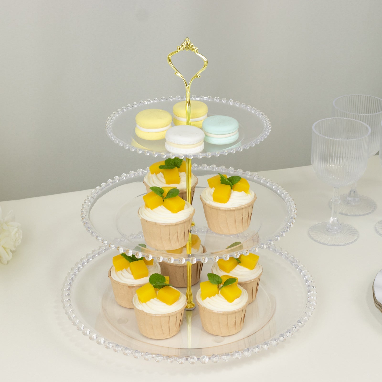 14 Clear 3-Tier Plastic Dessert Display Stand With Beaded Rim, Round Cupcake Tower Tea Party Serving Platter With Top Handle