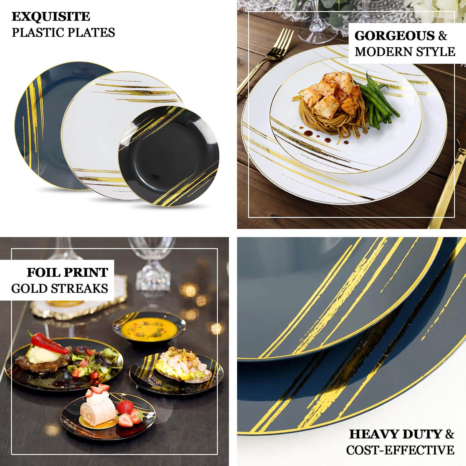 10-Pack Plastic 10 Round Dinner Plates in Navy Blue with Gold Brush Stroked Print - Disposable Party Dinnerware