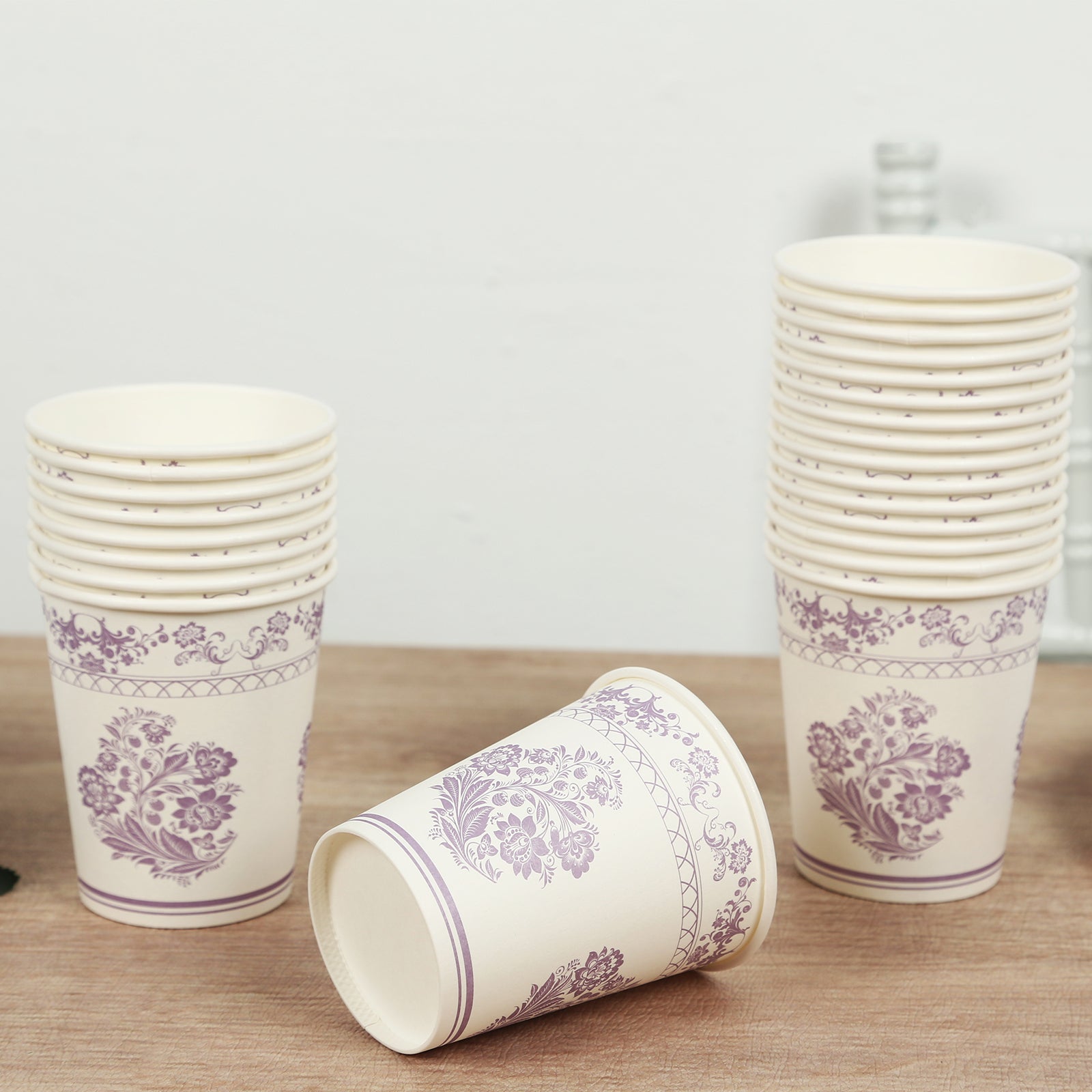 24-Pack Paper Cups in White with Lavender Damask Floral Pattern - Stylish Disposable Floral Party Cups for Hot & Cold Beverages 9oz