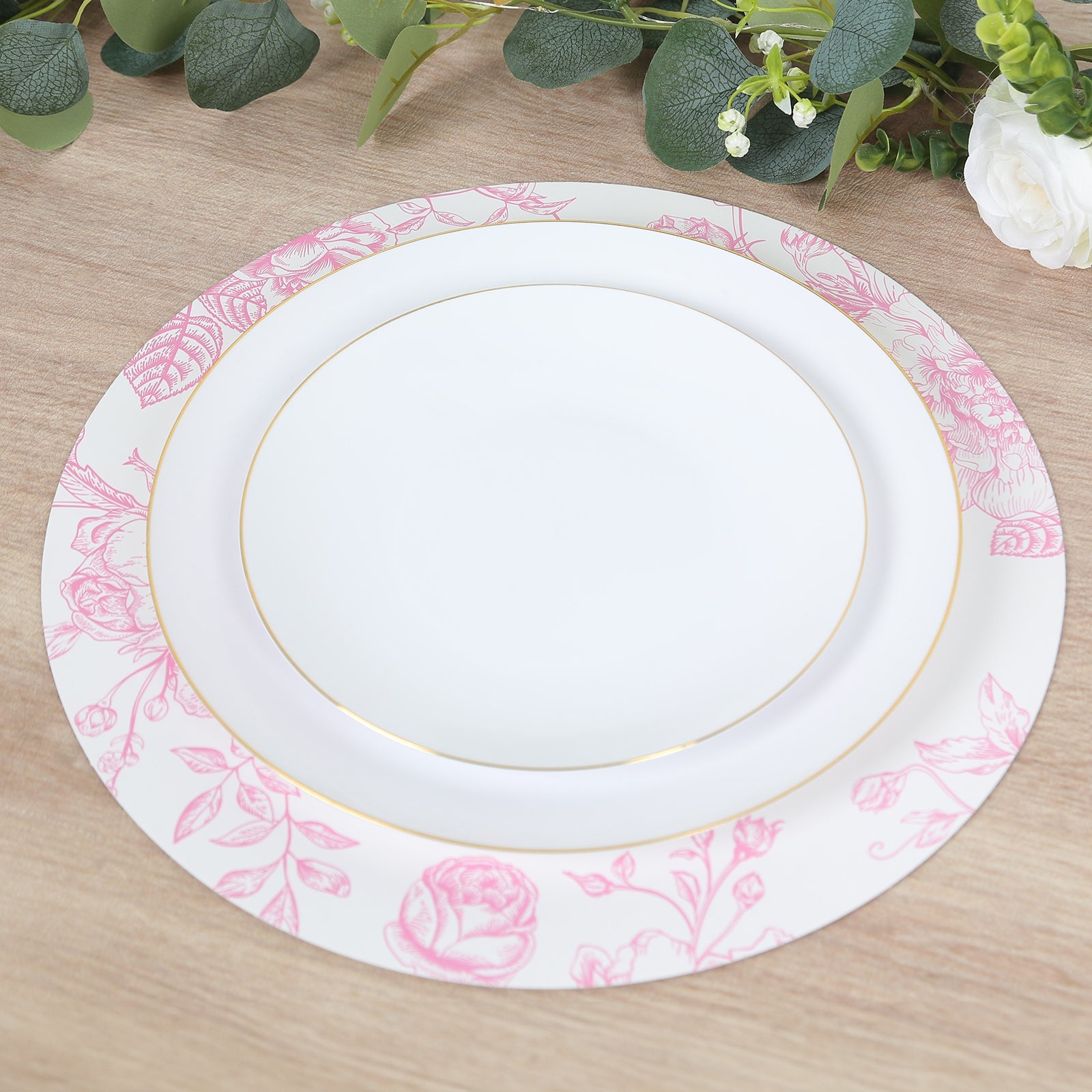 10-Pack Disposable Table Placemats in French Toile Print 13 in White/Matte Pink - Chic Floral Cardboard Placemats for Stylish Table Setting