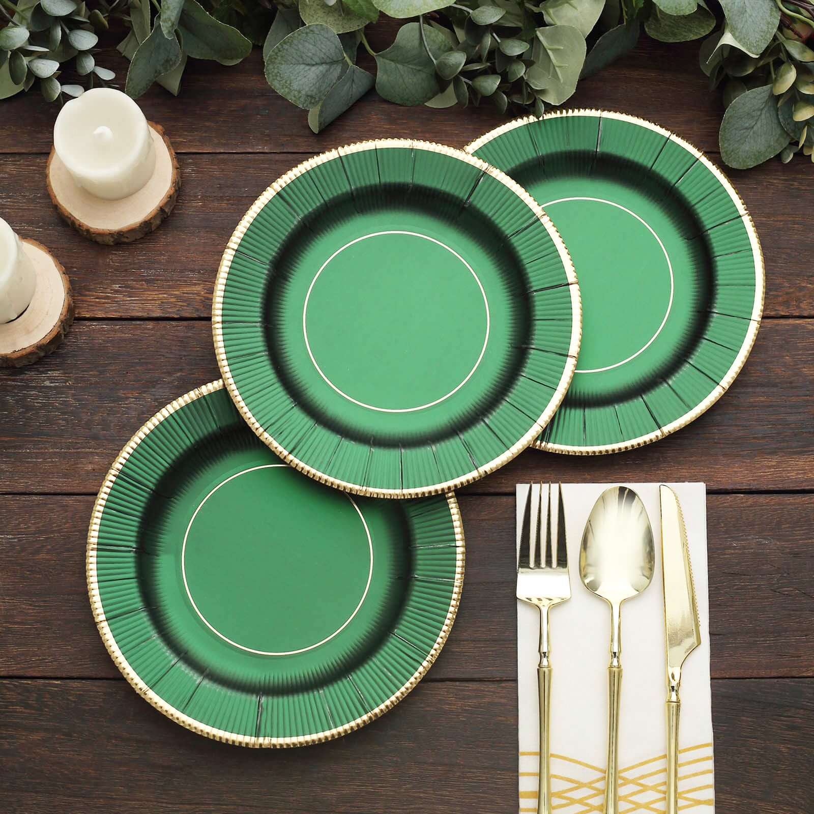 25-Pack Paper 8 Round Dessert Plates in Hunter Emerald Green Sunray Design with Gold Rim - Disposable Heavy Duty 350GSM Appetizer Salad Plates