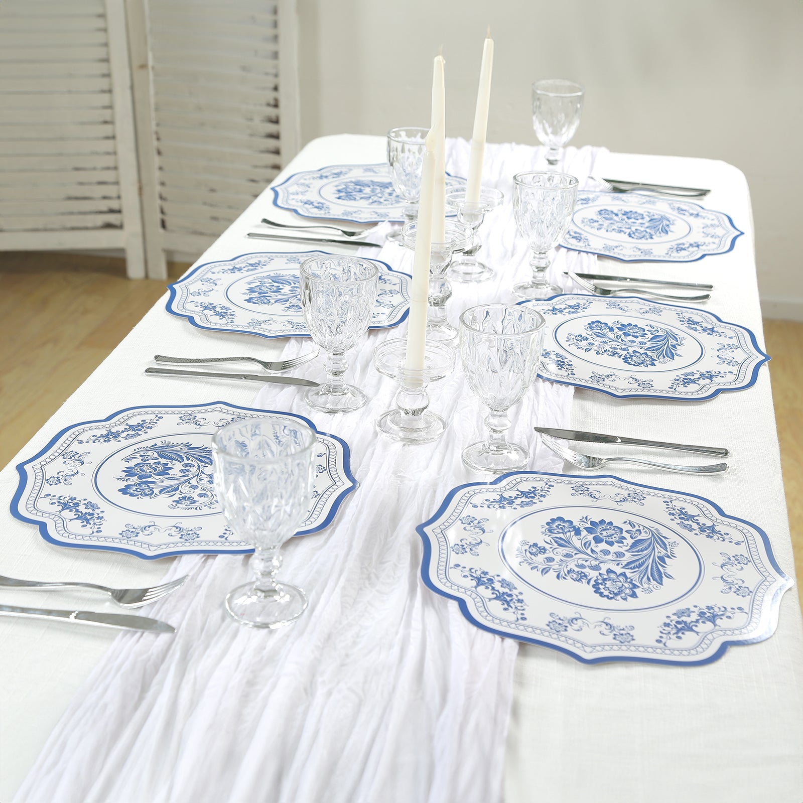 10-Pack Disposable Table Placemats 13 Round Placemats in White with Blue French Toile Pattern & Scalloped Rim - 400GSM Cardboard Placemats for Stylish Table Setting