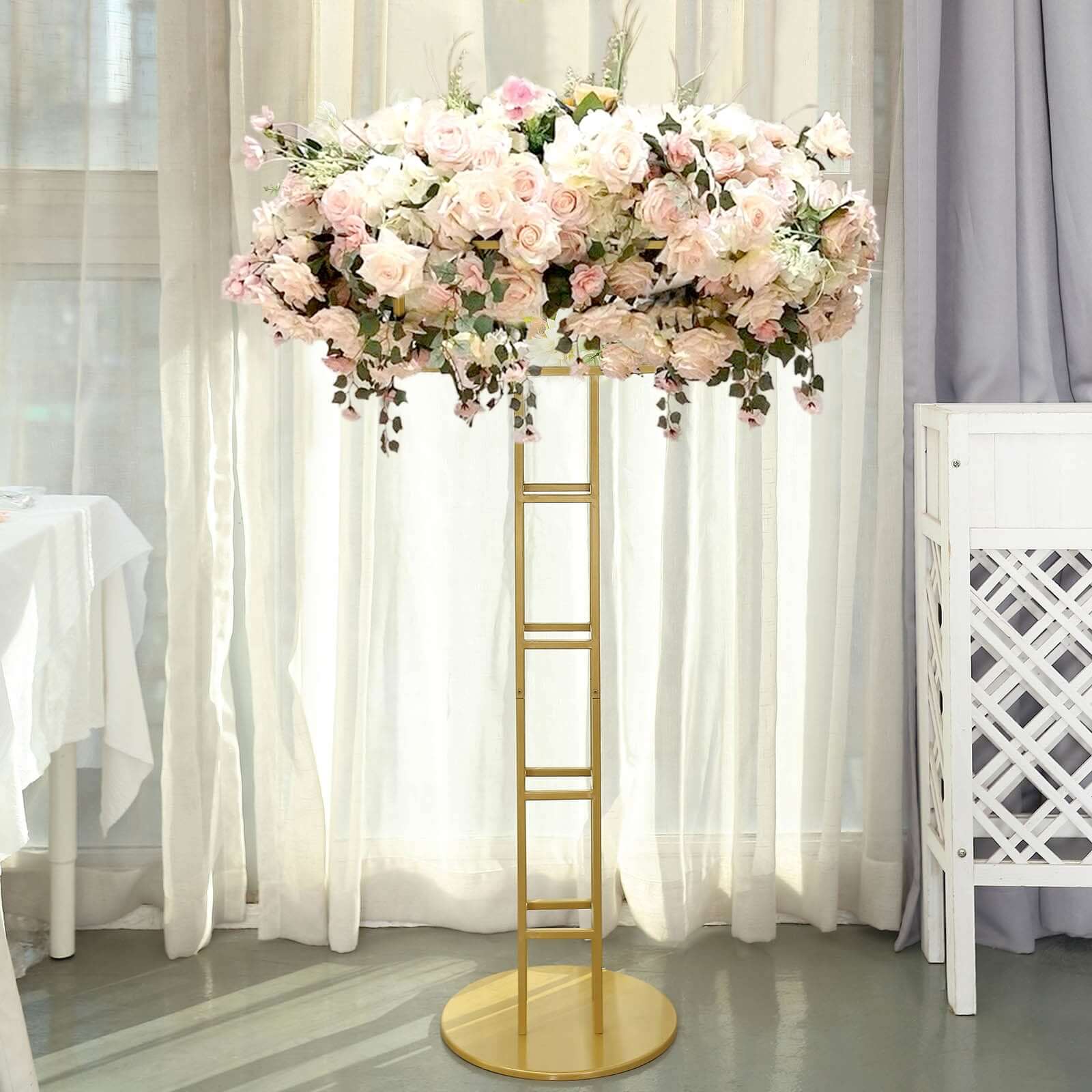 Metal Wedding Centerpiece Open Frame Design Gold - Grand Halo Top Floral Riser Pedestal 46