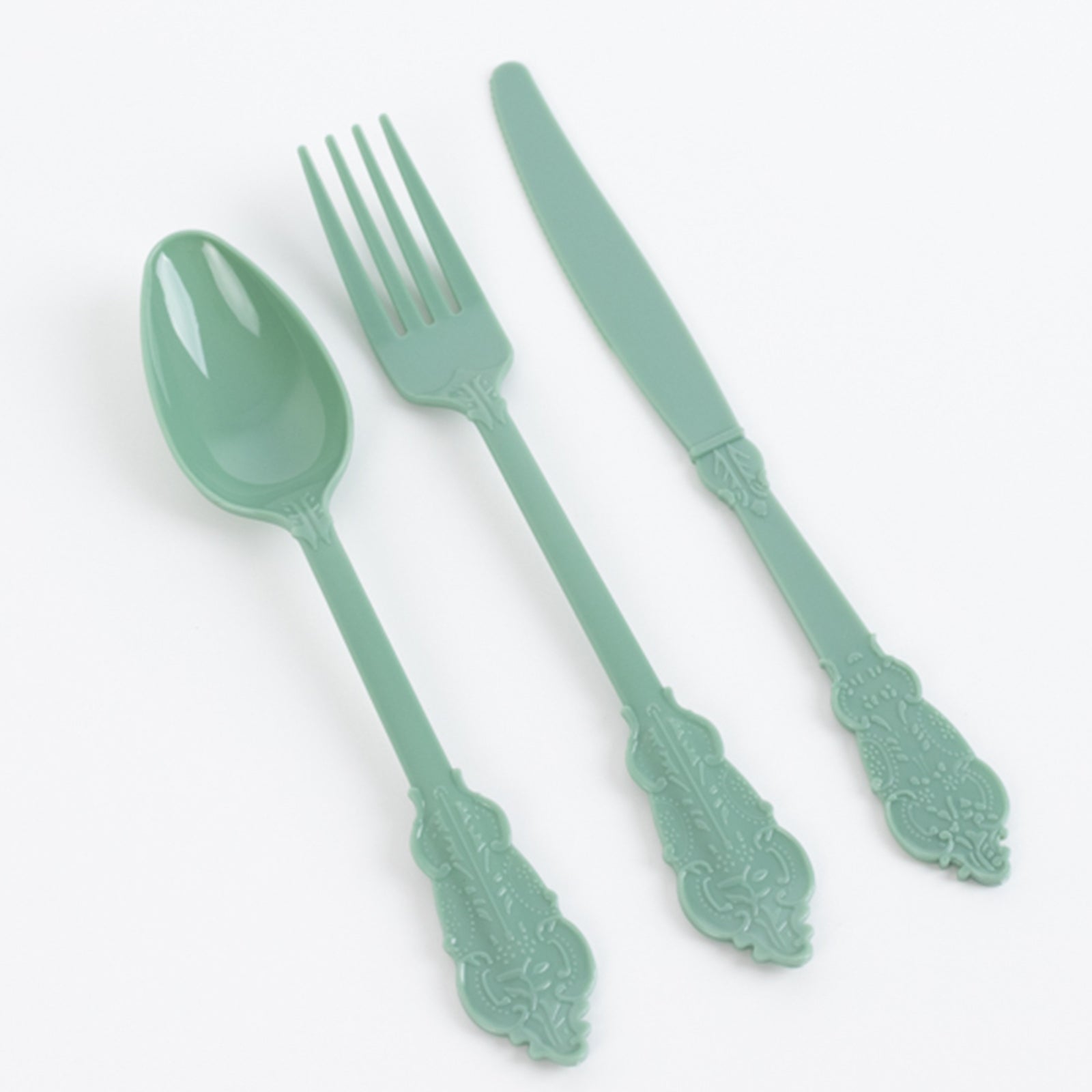 72 Pcs Plastic Silverware Set in Baroque Style Dusty Sage Green - Heavy Duty Disposable Knife, Fork, and Spoon Set