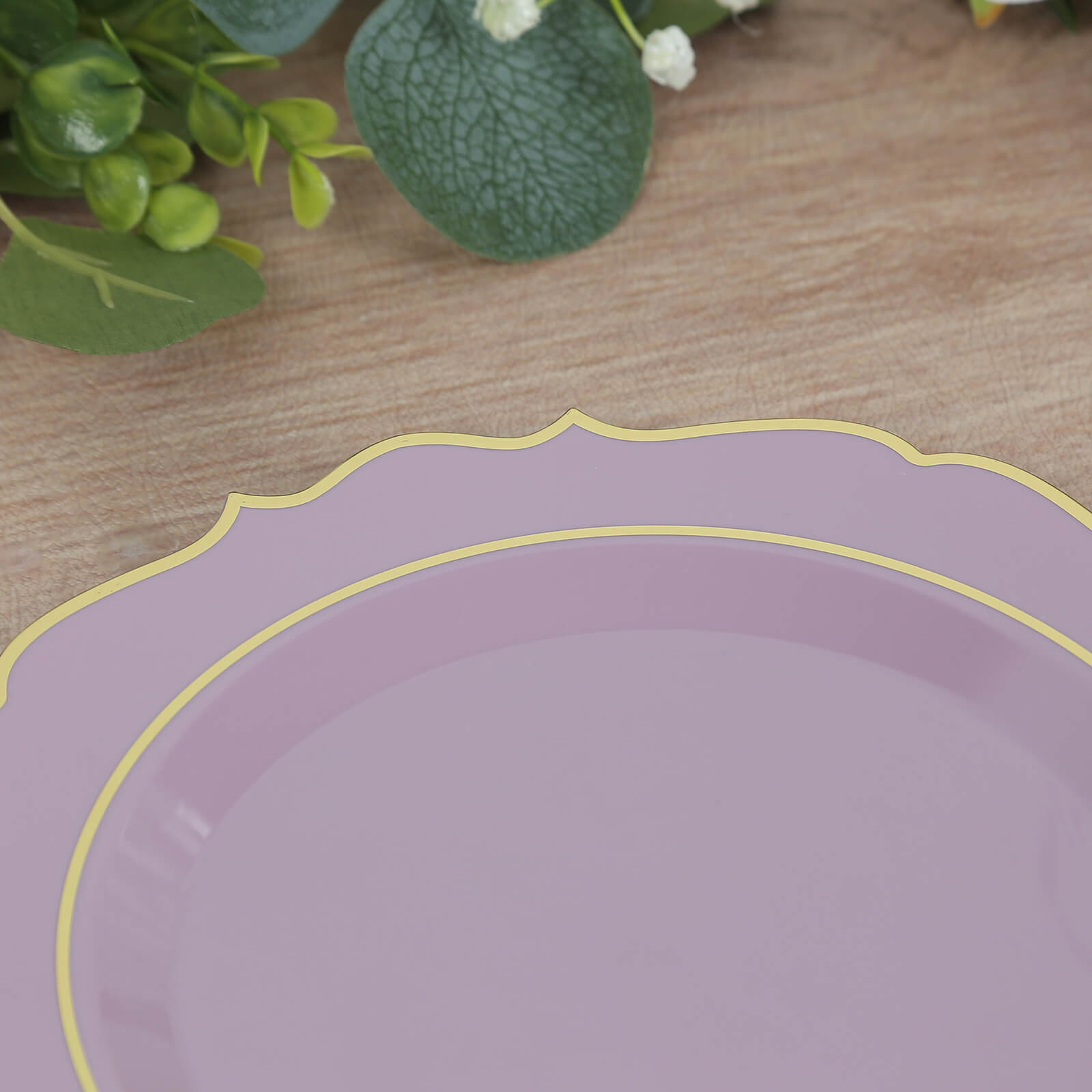 10-Pack Plastic 8 Round Desert Plates in Lavender Lilac with Gold Scalloped Rim - Disposable Appetizer/Salad Plates