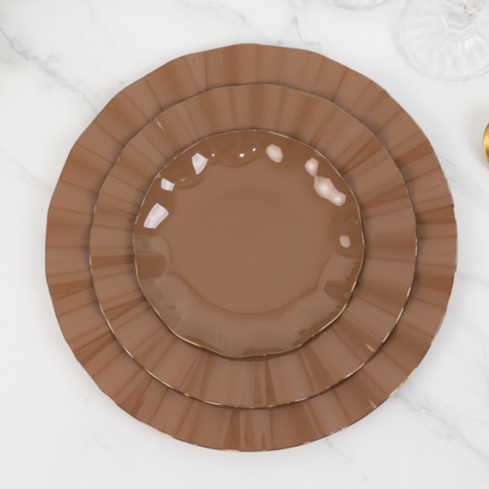 10-Pack Plastic Round 6 Dessert Plates in Coffee Brown Ruffled Rim with Gold Edging - Sturdy Disposable Salad Appetizer Dinnerware