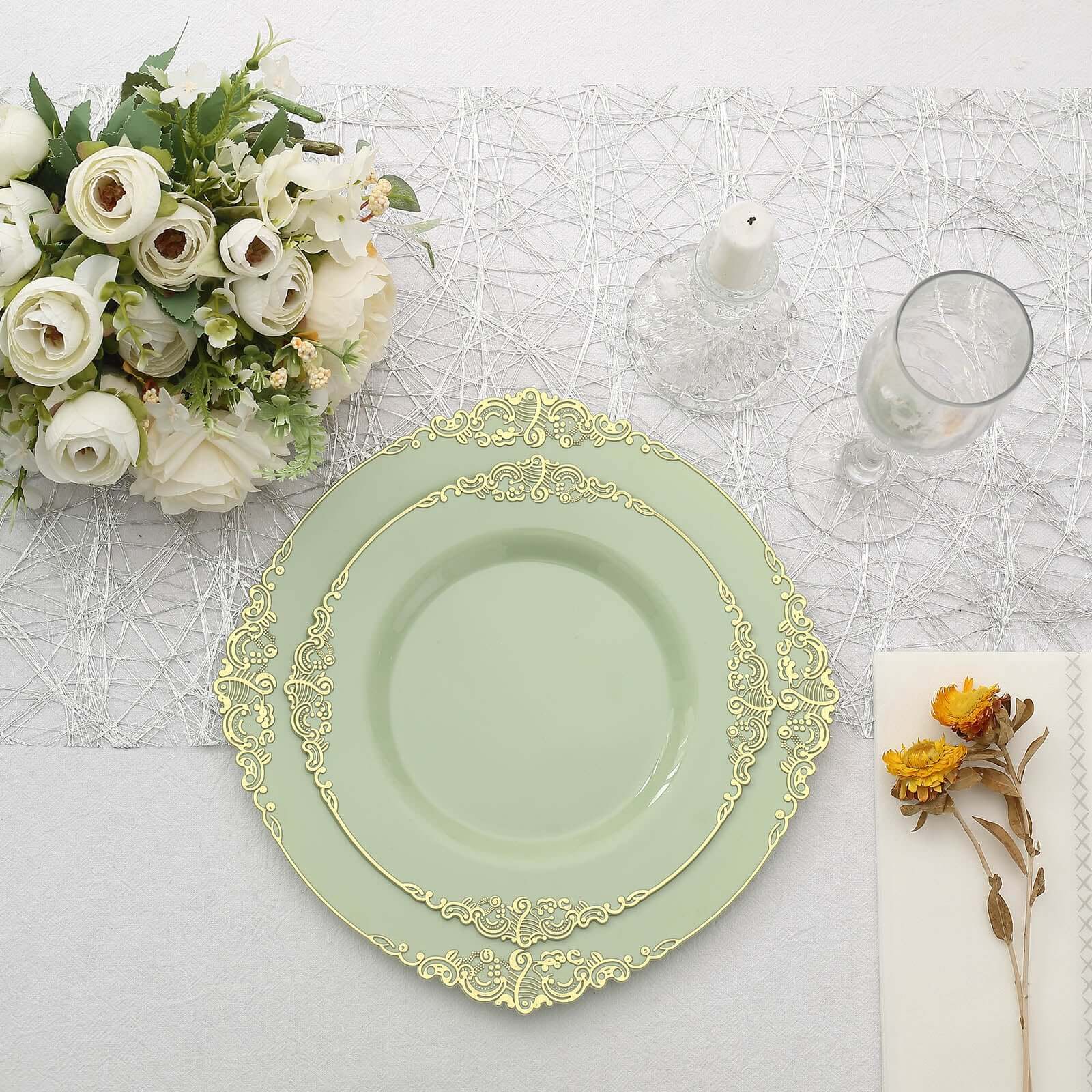 10-Pack Plastic 8 Round Dessert Plates in Sage Green with Gold Leaf Embossed Rim - Disposable Vintage Baroque Style Salad Plates