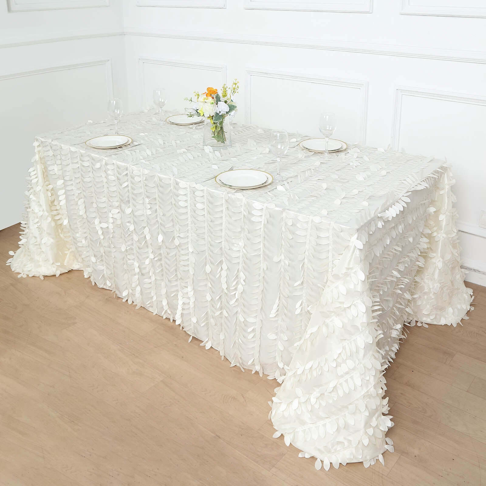 Taffeta 90x156 Rectangle Tablecloth Ivory | 3D Leaf Petal Design Seamless Table Cover