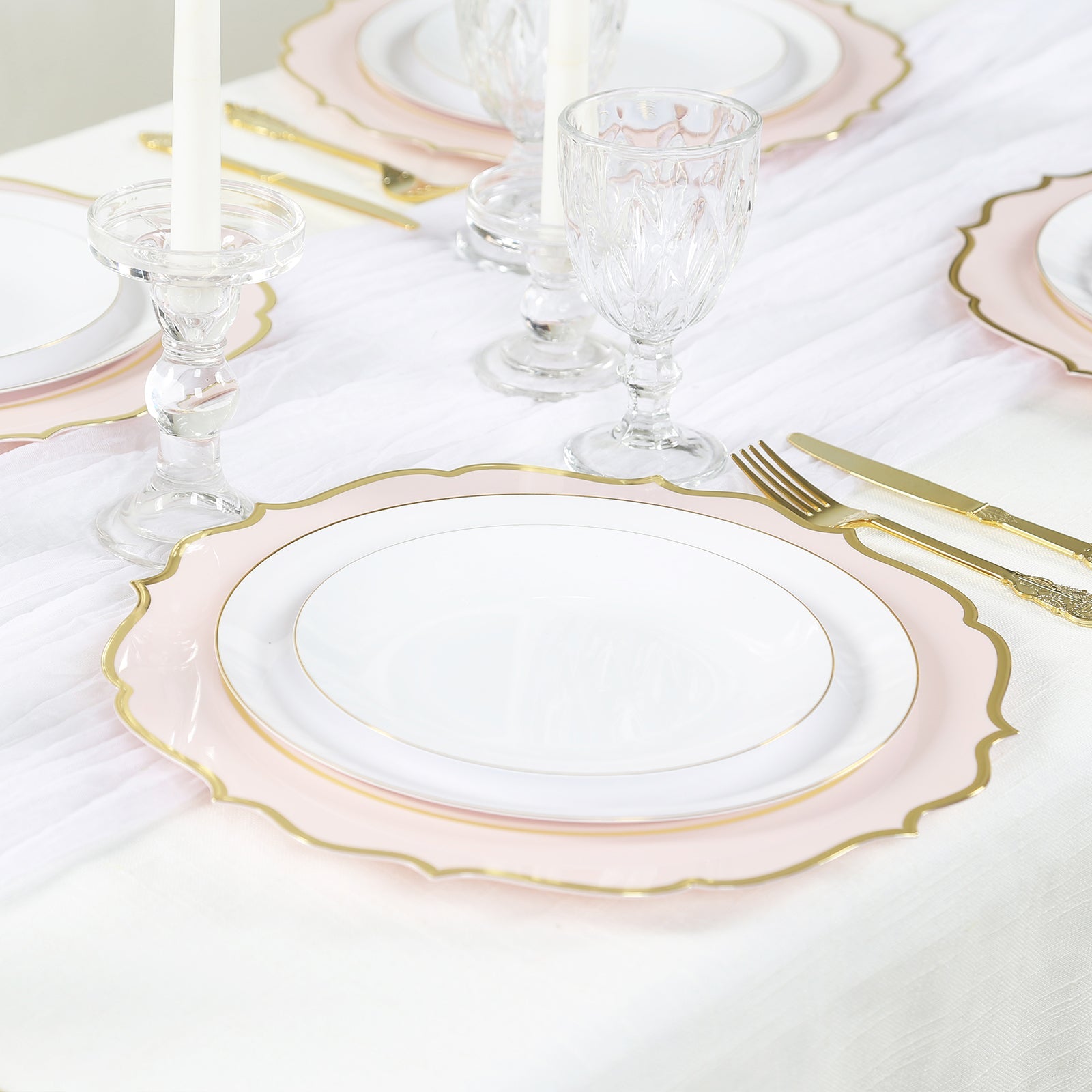 10-Pack Economy Plastic Round Charger Plates 13 in Blush with Gold Scalloped Rim, Decorative Dinner Party Serving Plates