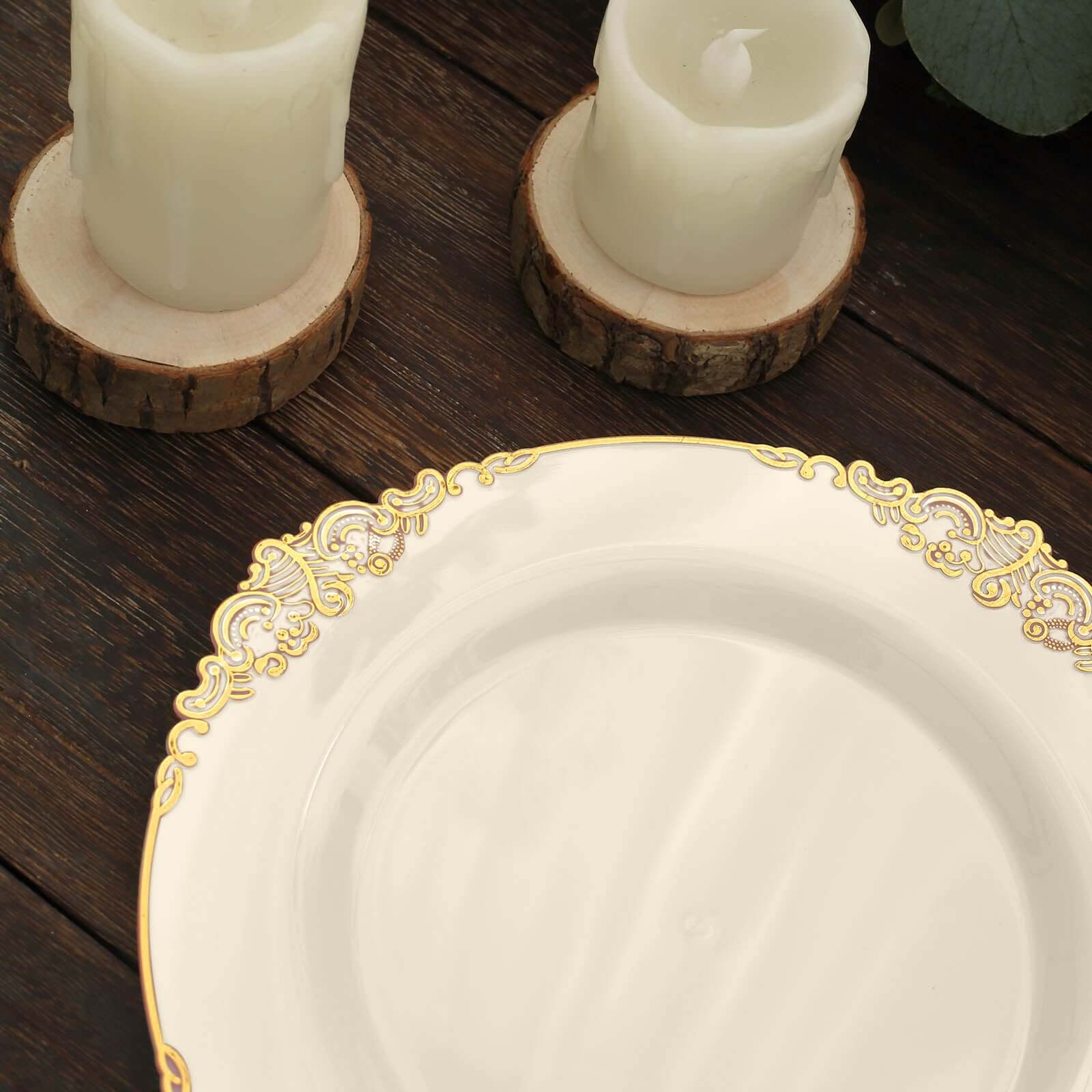 10-Pack Plastic 8 Round Dessert Plates in Ivory with Gold Leaf Embossed Rim - Disposable Vintage Baroque Style Salad Plates