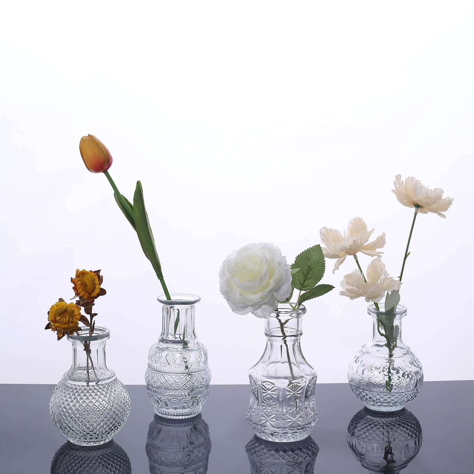 Set of 4 Clear Glass Bud Vases Antique - Vintage Wedding Table Centerpieces for Flowers