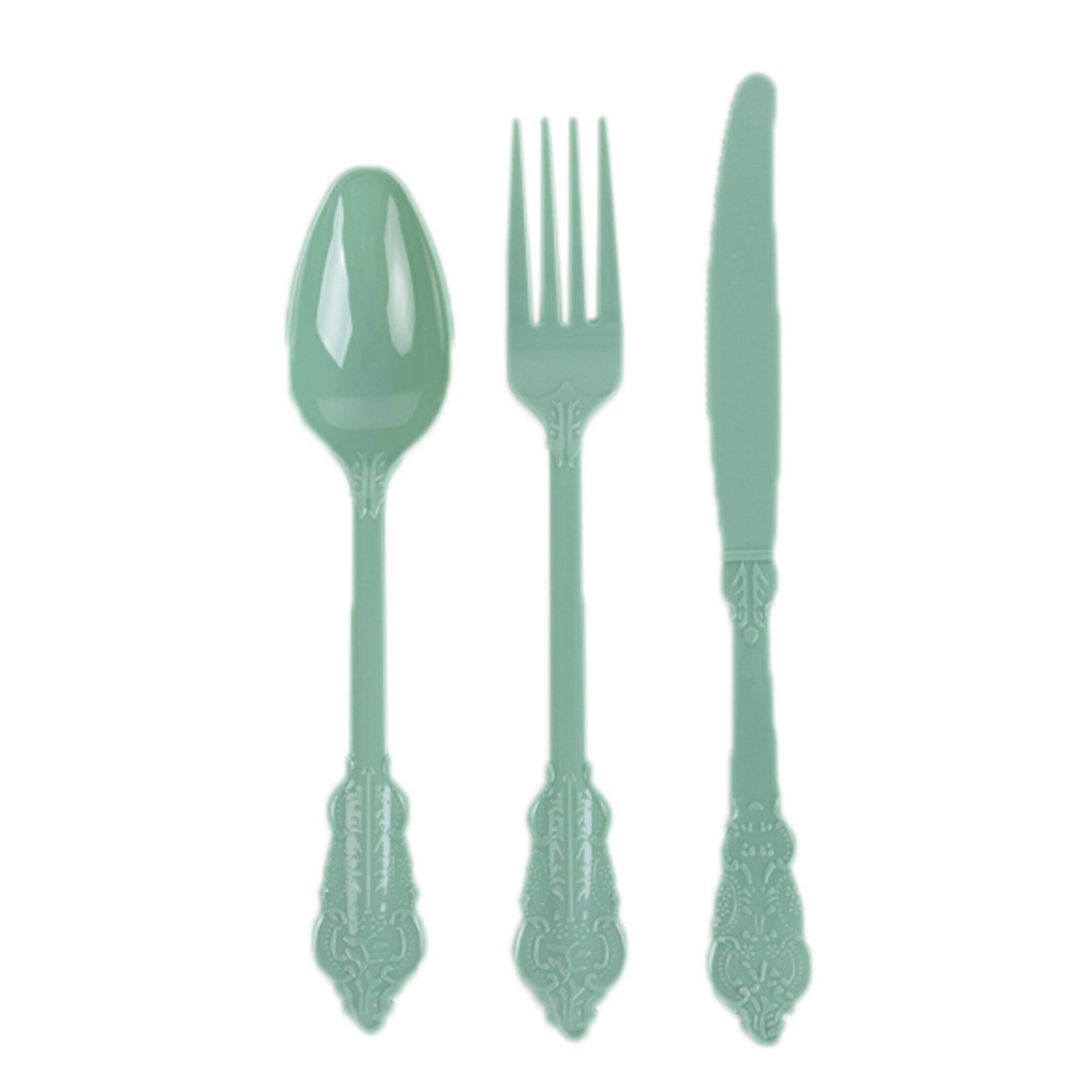 72 Pcs Plastic Silverware Set in Baroque Style Dusty Sage Green - Heavy Duty Disposable Knife, Fork, and Spoon Set