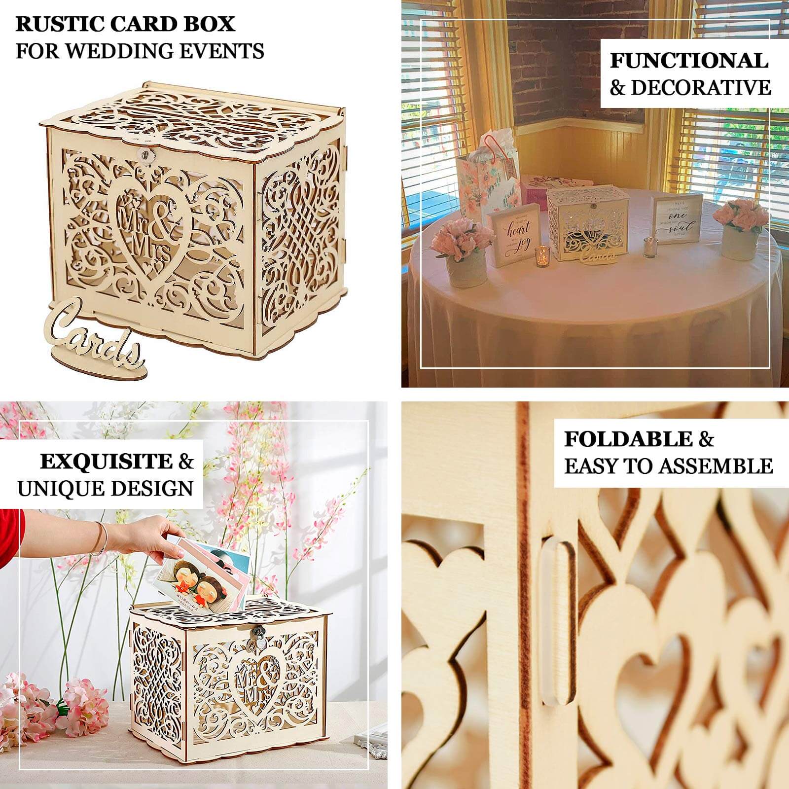 Natural Wooden Laser Cut Mr. & Mrs. Wedding Card Box With Label, Rustic DIY Hollow Money Box And Stand - 12x9